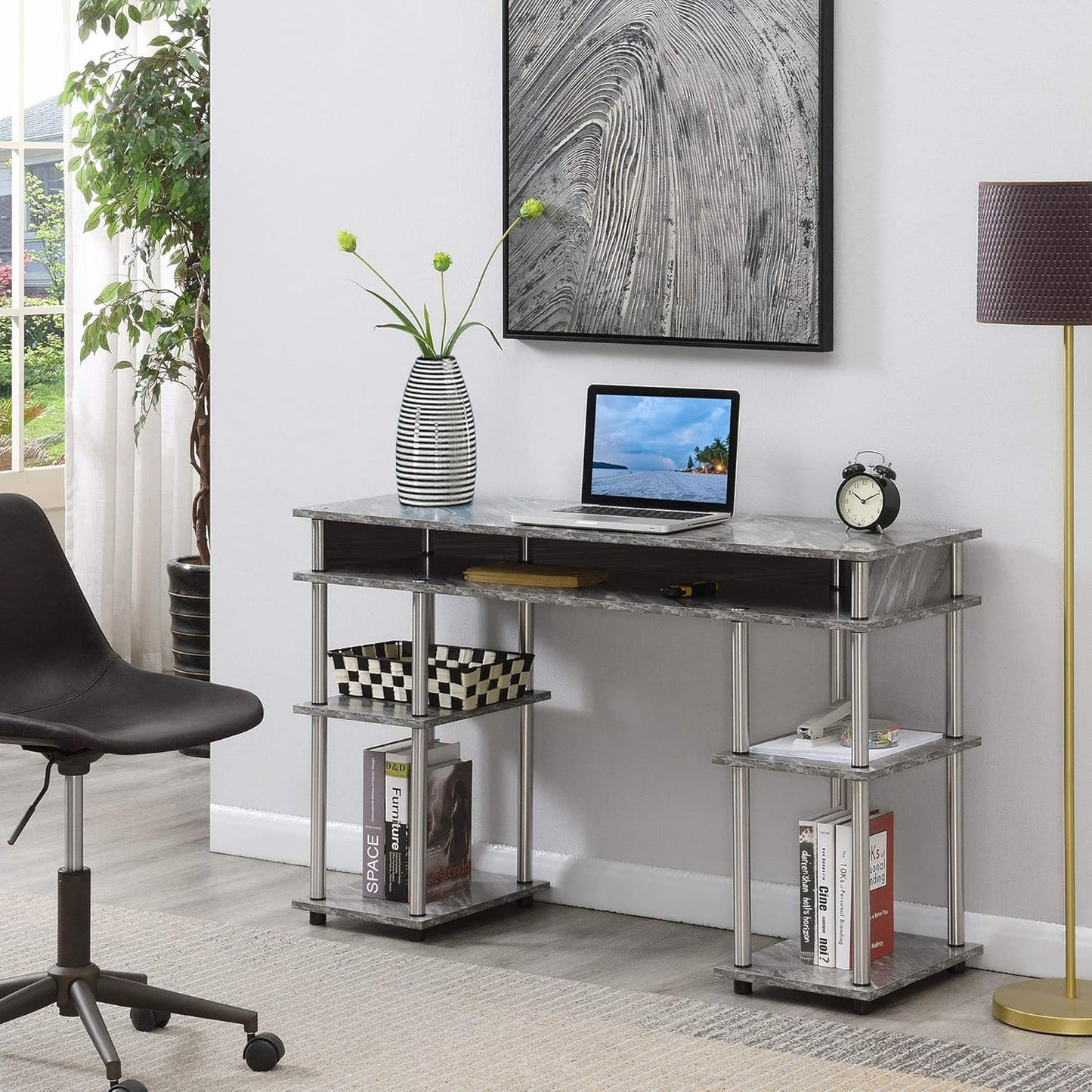 Convenience Concepts Designs2Go No Tools Desk Home Office Desk with Shelves, Corner Shelf Vanity Desk Computer Desk Nail Table for Nail Tech - 47.25" L x 15.75" W x 30" H, Gray Faux Marble