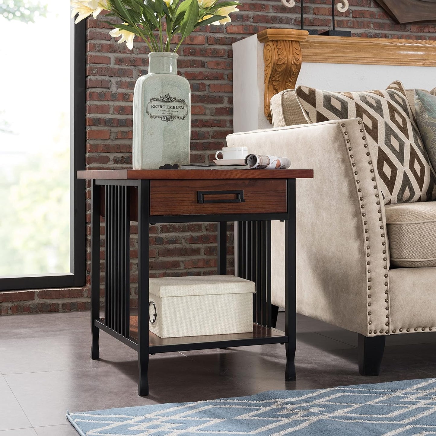 Leick Home Ironcraft Coffee Table, Solid Wood, 2 Drawers, 1 Display Shelf, Mission Oak, Black Steel, Easy Assembly, 46 in L x 22 in W x 20 in H, 11262