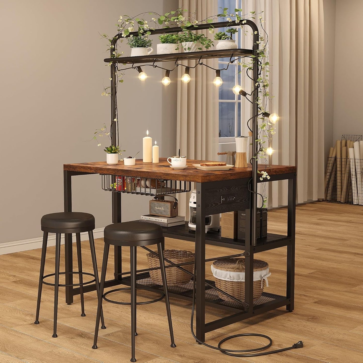 46" Large Kitchen Island Table Baker Rack with Power Outlet and 3-Tier Storage-Microwave Stand Oven Shelf, Metal Coffee Bar Table,Kitchen Storage Shelf for Dining Living Room, 5 Hooks,Vintage