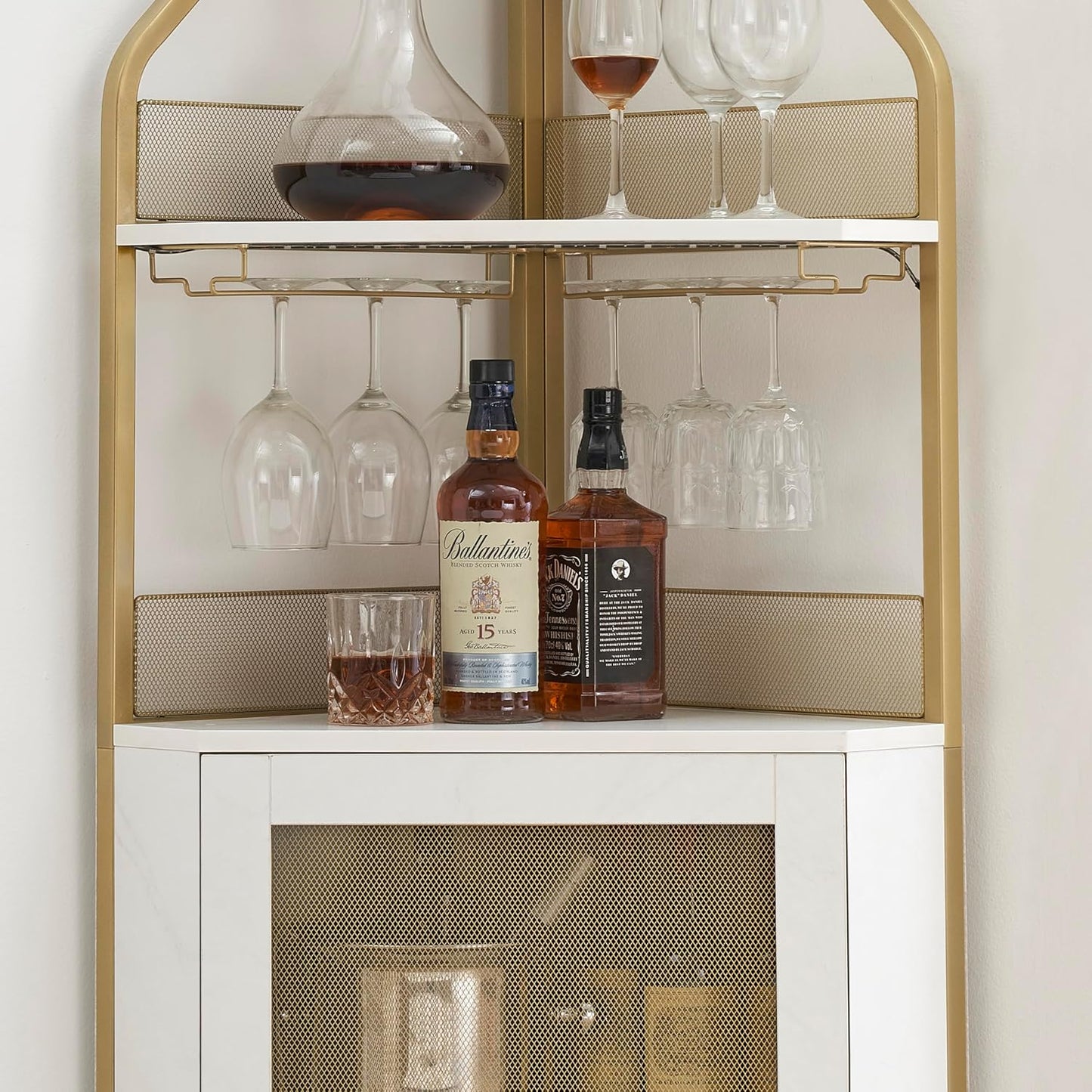GAOMON Corner Bar Cabinet with Glass Holder, Industrial Wine Cabinet with Adjustble Shelf, 5-Tiers Liquor Cabinet Bar Cabinet for Home, Corner Display Cabinet for Small Space, Faux Marble