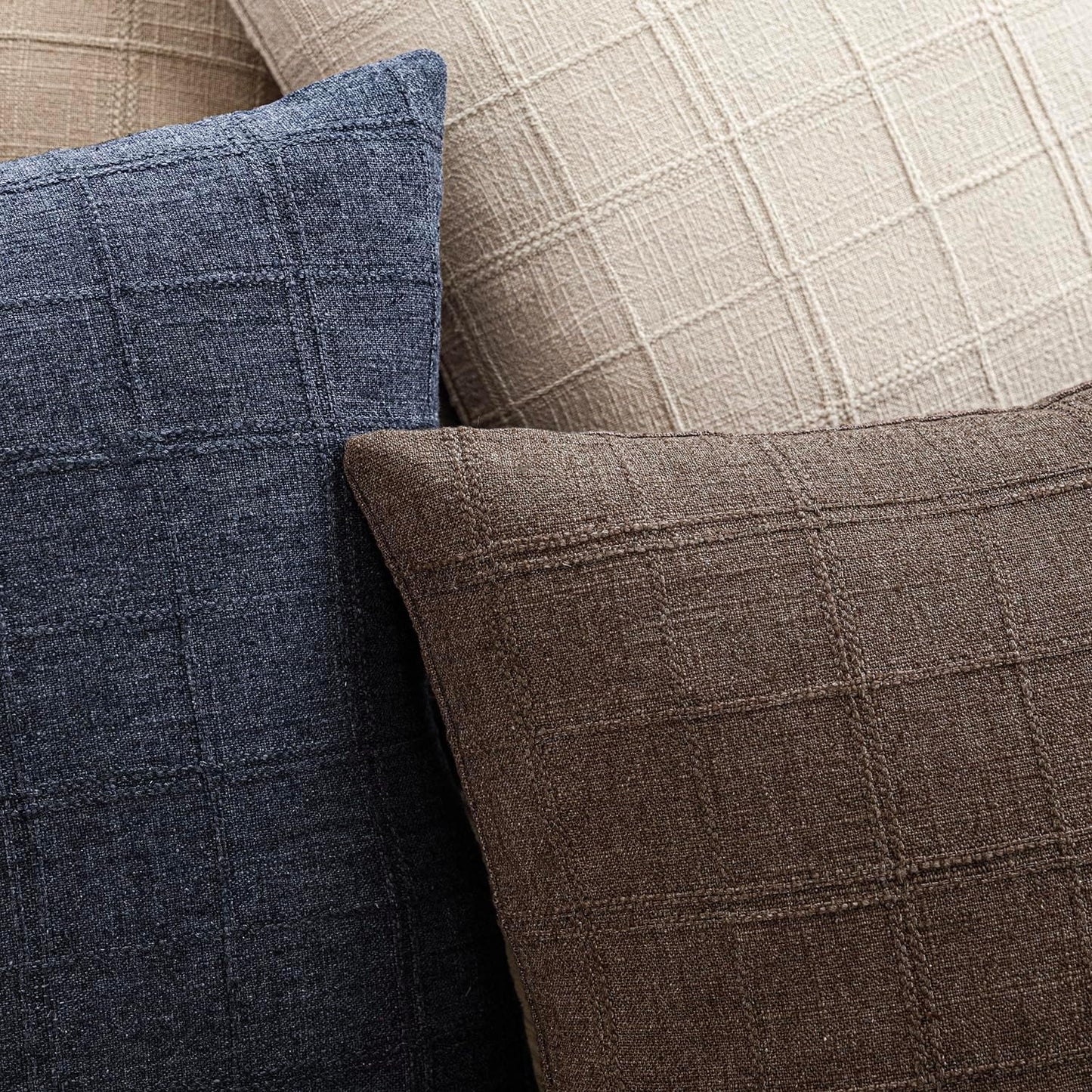 Foindtower Set of 2 Decorative Linen Check Throw Pillow Covers Neutral Farmhouse Vintage Cushion Covers Modern Boho Home Decor for Sofa Chair Couch Bedroom Living Room Outdoor,24×24 Inch,Dark Brown