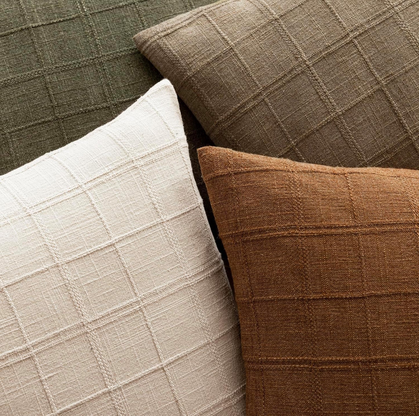 Foindtower Set of 2 Decorative Linen Check Throw Pillow Covers Neutral Farmhouse Vintage Cushion Covers Modern Boho Home Decor for Sofa Chair Couch Bedroom Living Room Outdoor,20×20 Inch, Brown