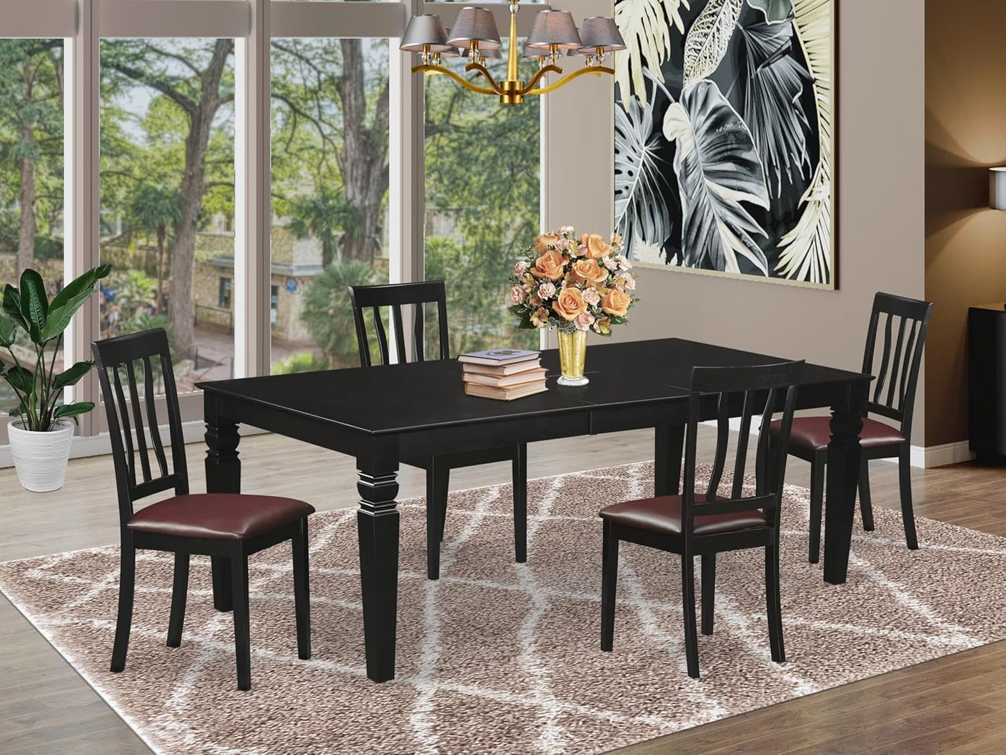 East West Furniture LGAN5-BLK-LC 5 Piece Dining Room Table Set Includes a Rectangle Wooden Table with Butterfly Leaf and 4 Faux Leather Kitchen Dining Chairs, 42x84 Inch, Black
