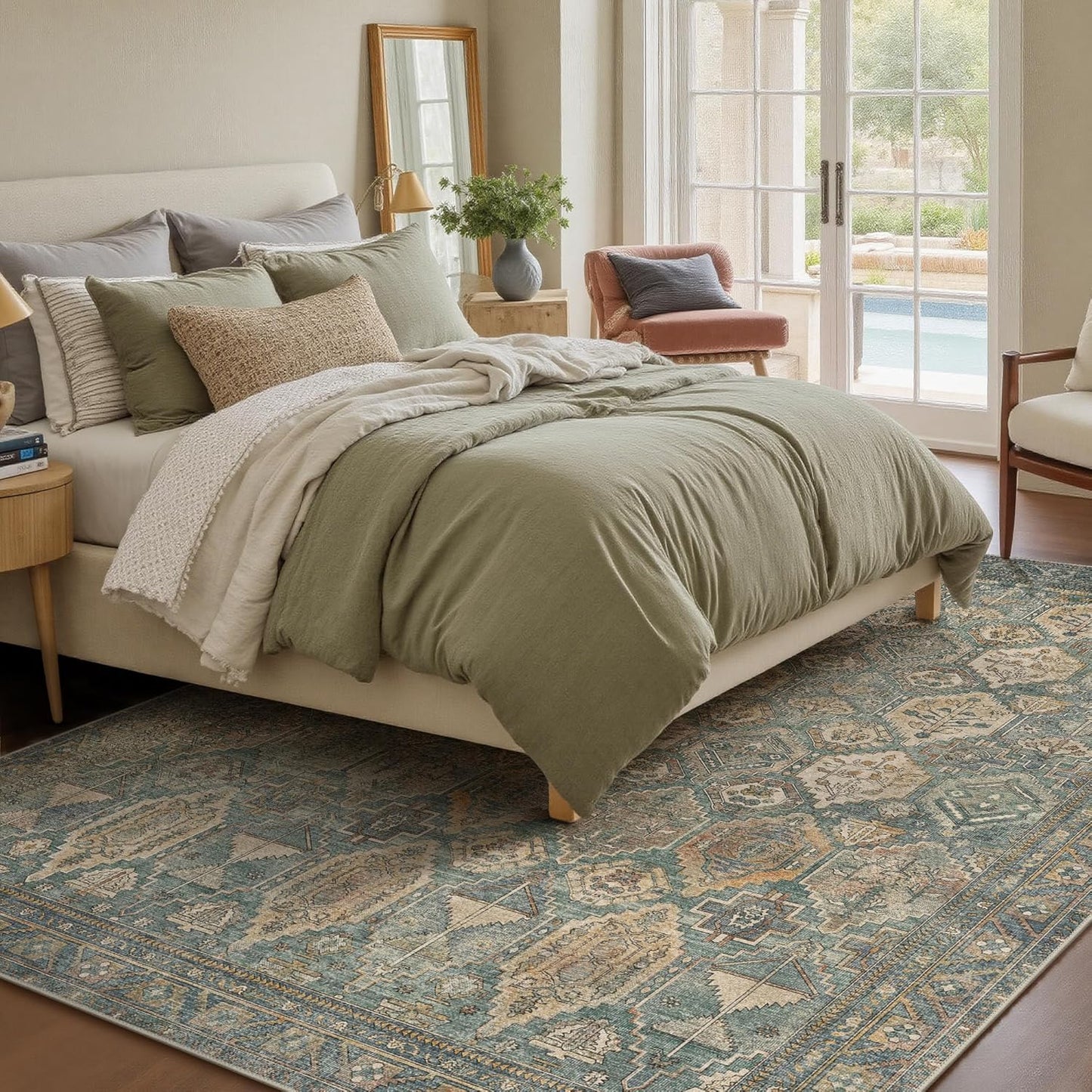 GENIMO 5x7 Area Rugs for Living Room, Machine Washable Non Slip Vintage Rugs, Low Pile Lightweight Chenille Print Rug for Bedroom, Dining Room, Home Office, Sage Teal