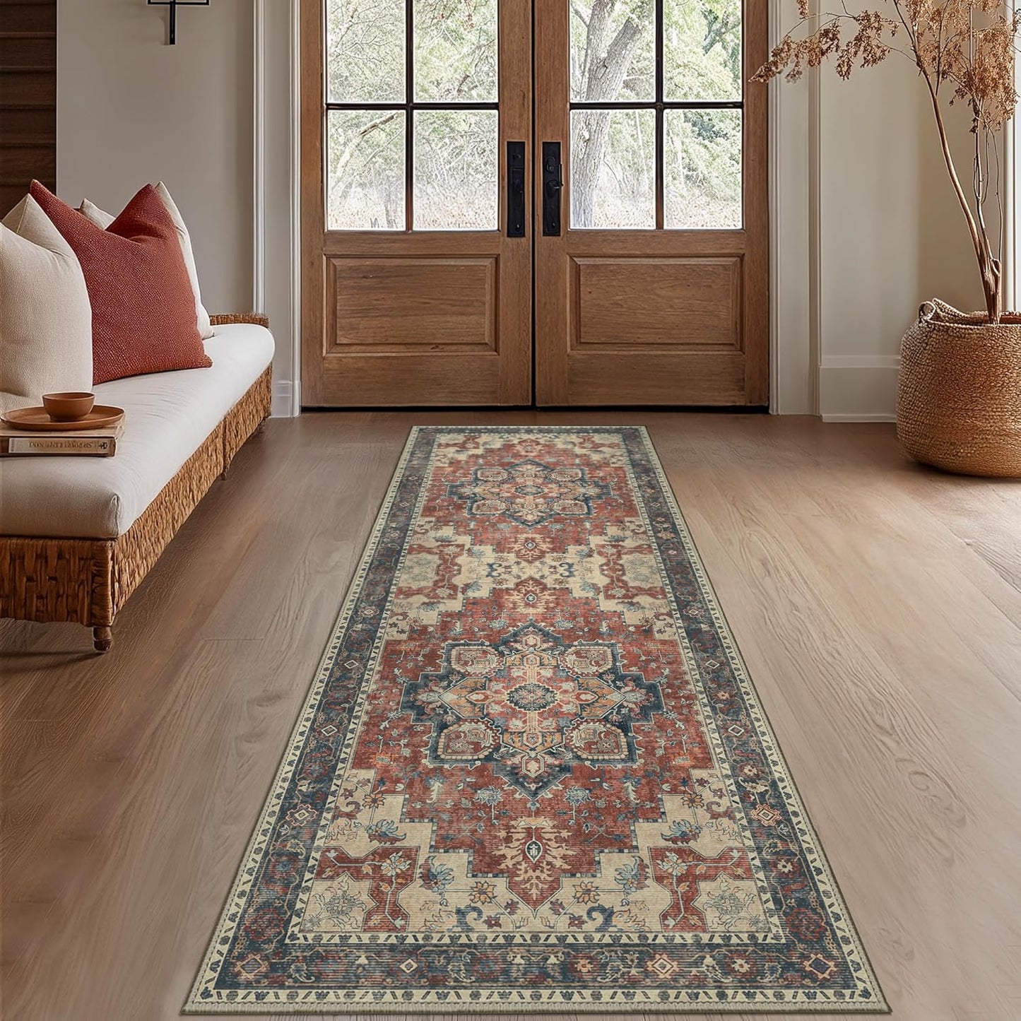 GENIMO 2x12 Runner Rugs for Hallway, Machine Washable Non Slip Vintage Rugs, Low Pile Lightweight Soft Print Rug for enrtyway, Corridor, Home Office, Kitchen, Bordeaux