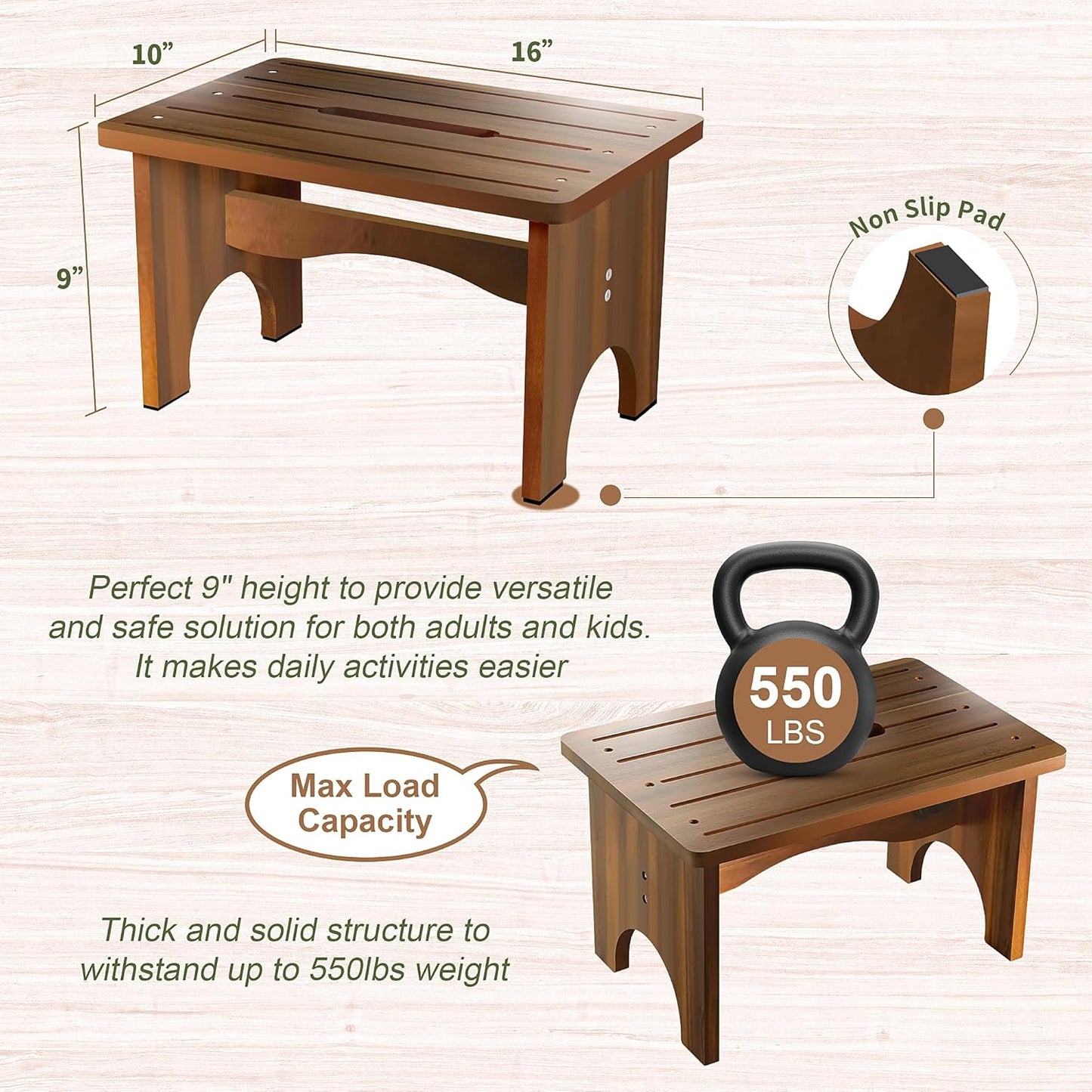 Wooden Step Stool for Adults, 9" Portable Wood Step Stool for Kids, Heavy Duty One Step Bedside Stool with 550 Lbs Load Capacity, Non-Slip White Foot Stool for Kitchen Bathroom Bedroom