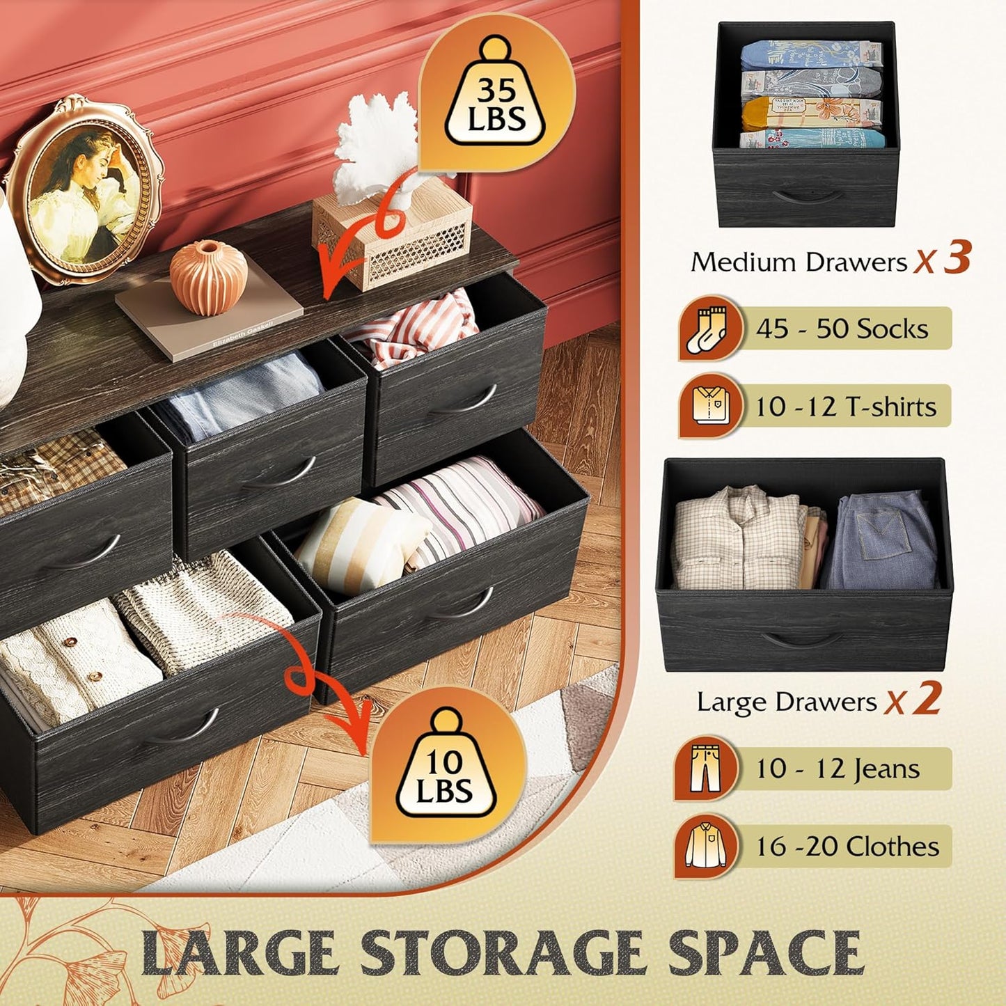 WLIVE Dresser for Bedroom with 5 Drawers, Wide Chest of Drawers, Fabric Dresser, Storage Organizer Unit with Fabric Bins for Closet, Living Room, Hallway, Charcoal Black Wood Grain Print