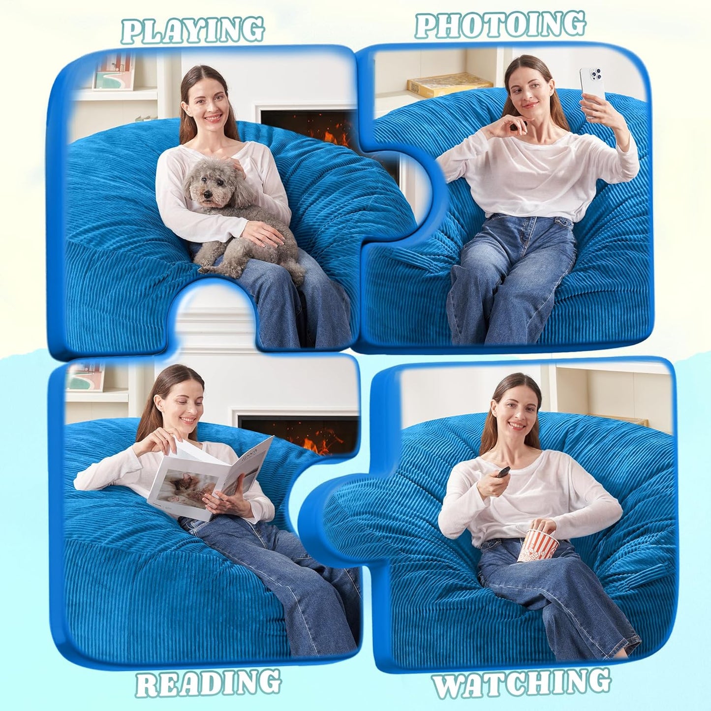 HABUTWAY 5FT Bean Bag Chair,Giant Bean Bag Chairs for Adults,Big Bean Bags with Memory Foam Filled, Large Beanbag Chairs with Soft Corduroy Cover-Blue
