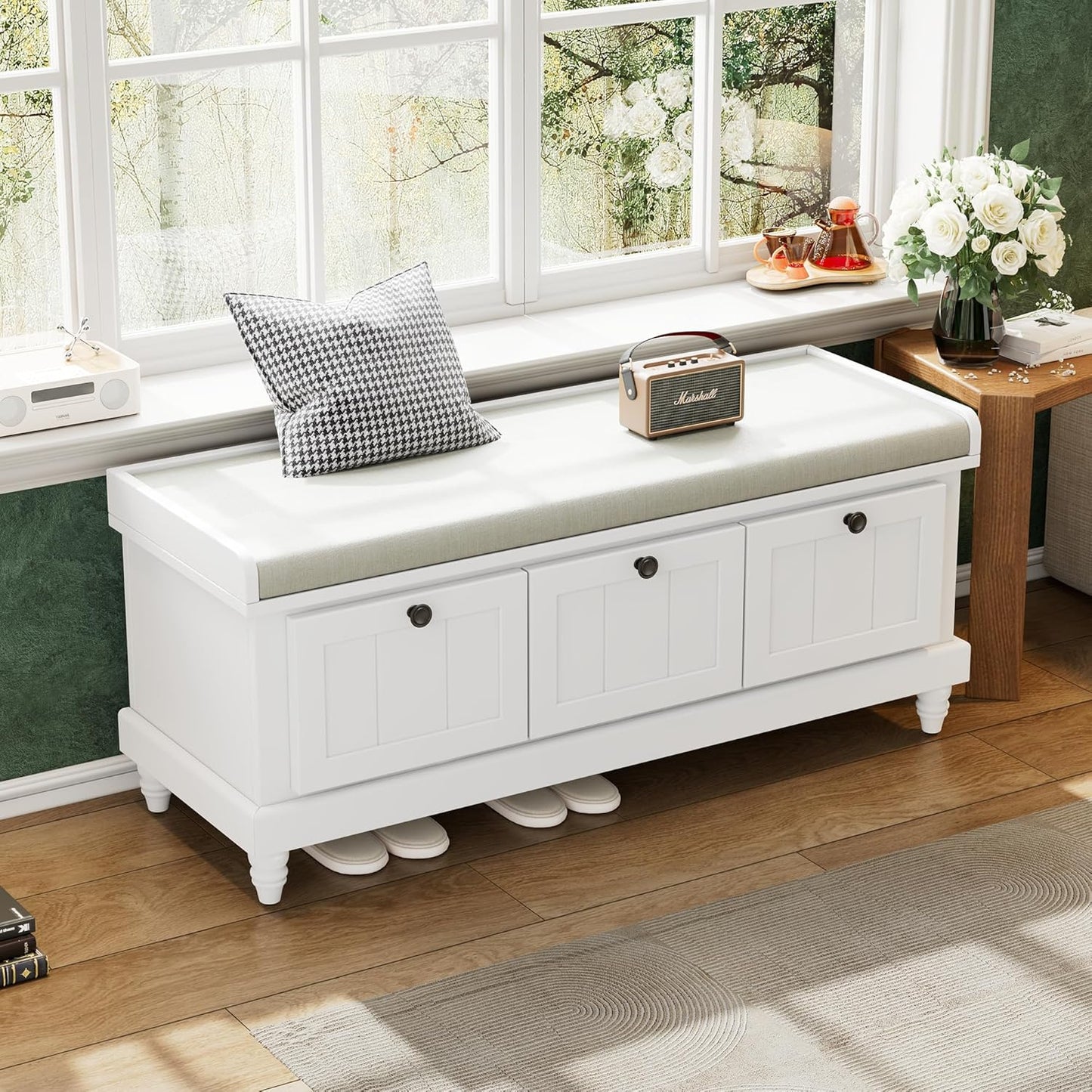 Merax Classic Storage Bench with Cushioned Seat and Three Drawers for Entryway & Living Room & Bedroom, White