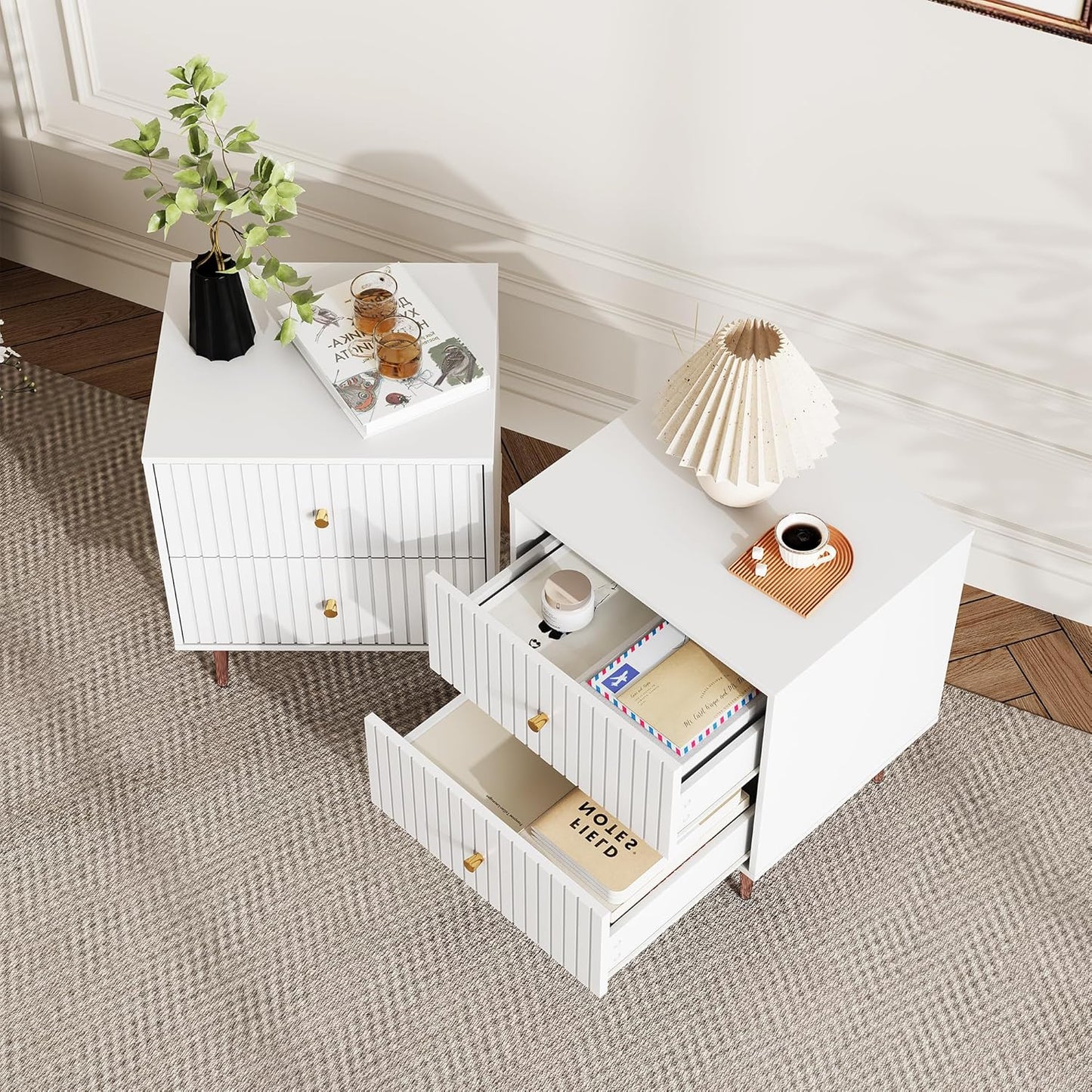 Black Night Stand Set 2,Fluted Nightstand with Door and Open Storage Space,Modern Bedside Table and Wood End Side Table with Golden Metal Legs and Handles for Bedroom,Black (White, 2 Drawers)