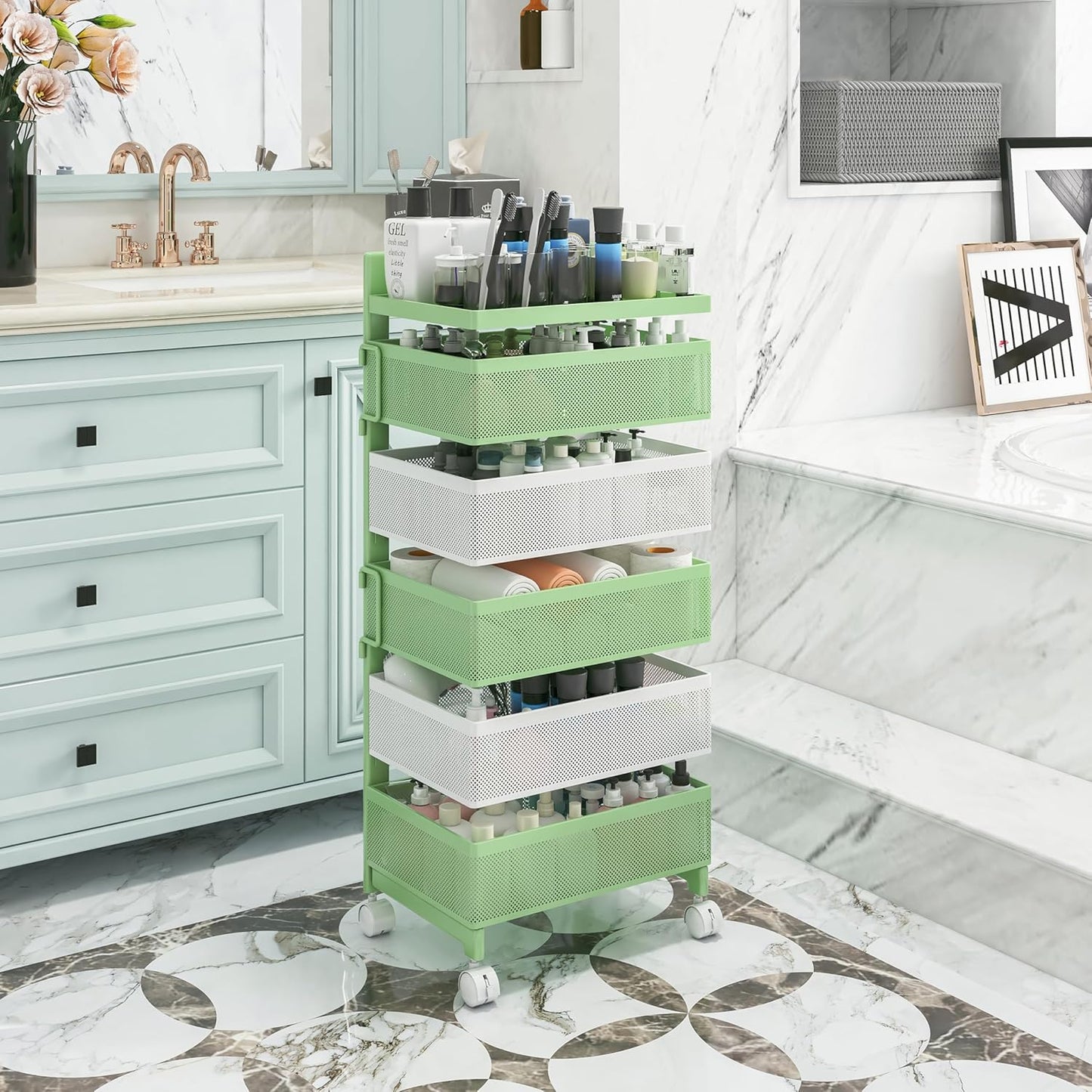 Rotating Kitchen Storage Rack No Assembly, Fruit Basket,Bathroom Storage Cart,Kitchen Organizers and Storage Cart on Rolling Wheels(Green White, 5 Tier-Square)