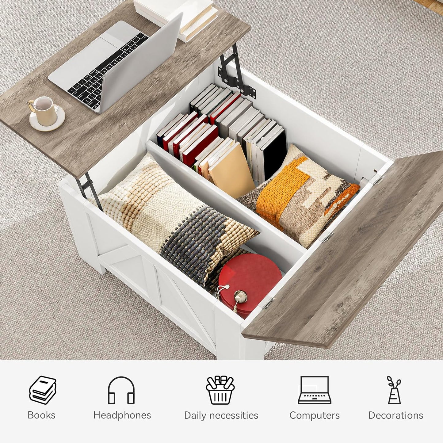 YITAHOME Farmhouse Lift Top Coffee Table with Storage, Wood Square Center Table with Charging Station & USB Ports and Hidden Compartment Coffee Tables for Living Room Bedroom, Home Office, White