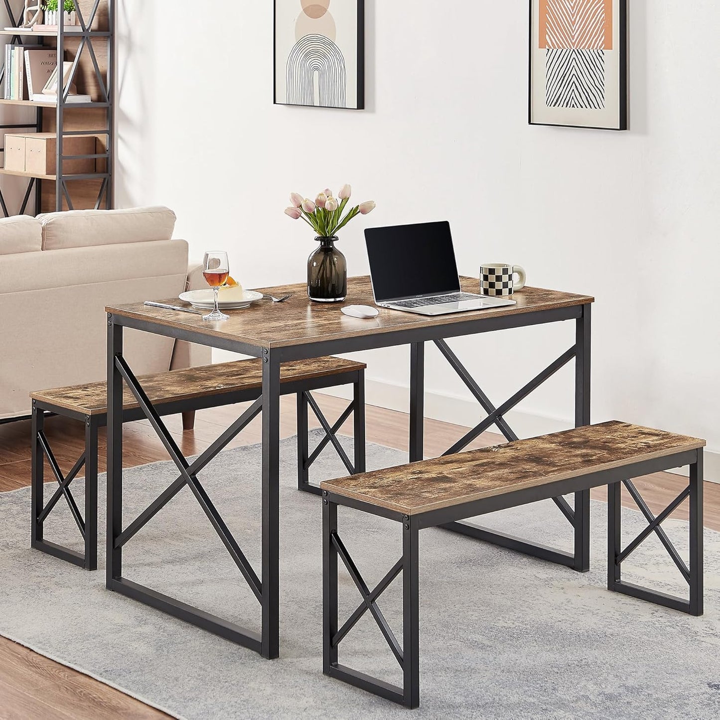 VECELO Kitchen Table with 2 Benches for 4, Wood Dining Room Dinette Sets with Metal Frame for Breakfast Nook and Small Space, Brown