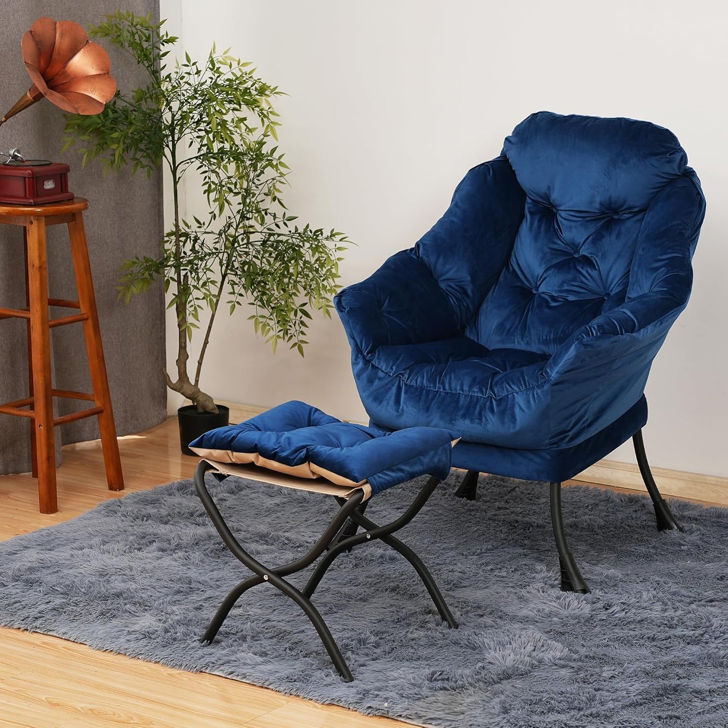 Lazy Chair with Folding Ottoman,Living Room Chairs, Accent Contemporary Lounge Chair, Single Steel Frame Leisure Sofa Chair with Armrests and A Side Pocket (Blue)