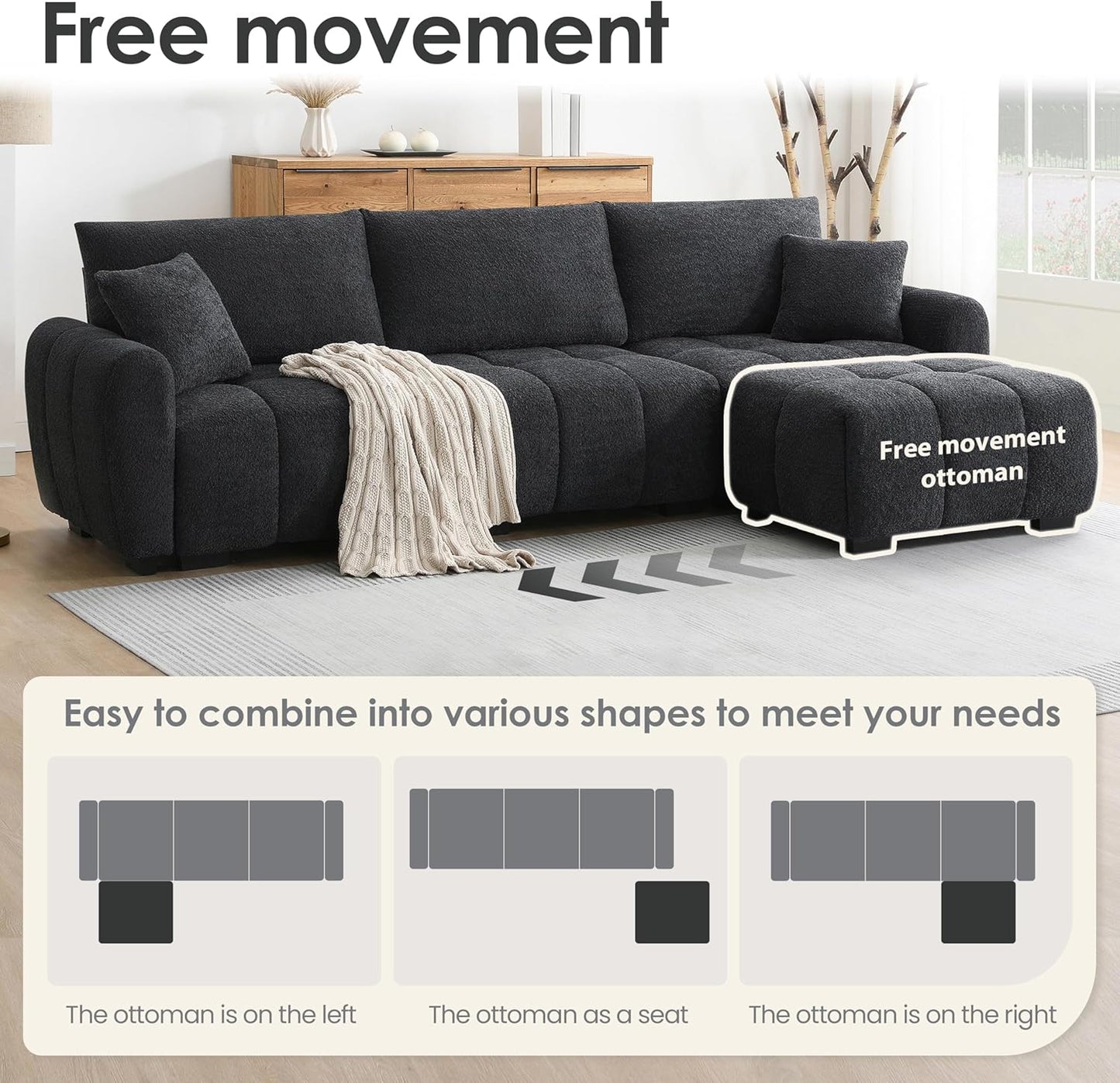 Ball & Cast Modular Sectional Sofa W/Movable Ottoman and 2 Lumbar Pillows,4 Seater L Shaped Couch W/Deep Seat,DIY Combination,Boucle Fabric Upholstered Sofa for Living Room,Apartment,Black+ Gray,110"
