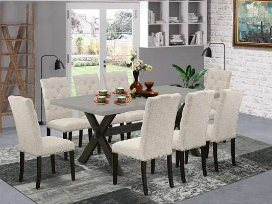 East West Furniture X697EL635-9 9 Piece Dining Set Includes a Rectangle Dining Room Table with X-Legs and 8 Doeskin Linen Fabric Upholstered Parson Chairs, 40x72 Inch, Multi-Color