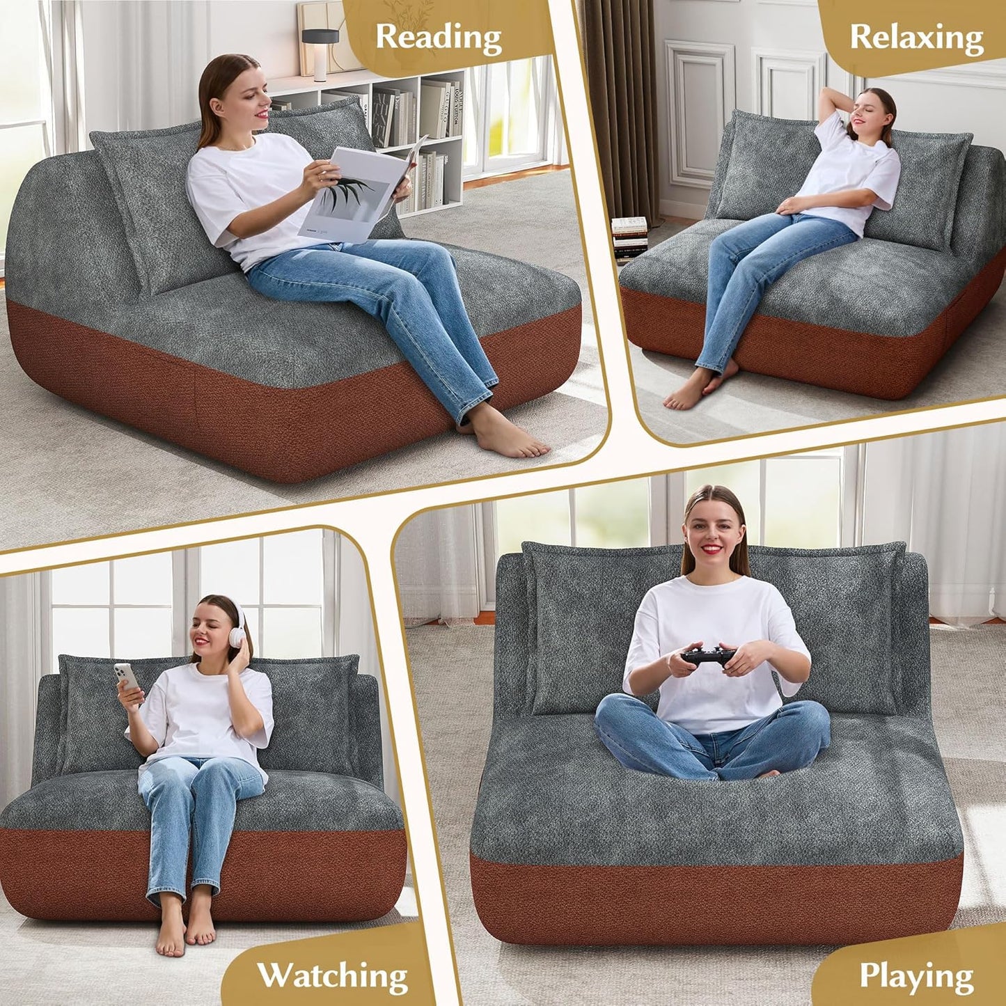 Hobestluk Small Sofa Couch Lounge Sofa Chair for Living Room, Comfy Memory Foam Couch, Mini Sofa with Side Pocket for Living Room, Bedroom (Terracotta+Grey)