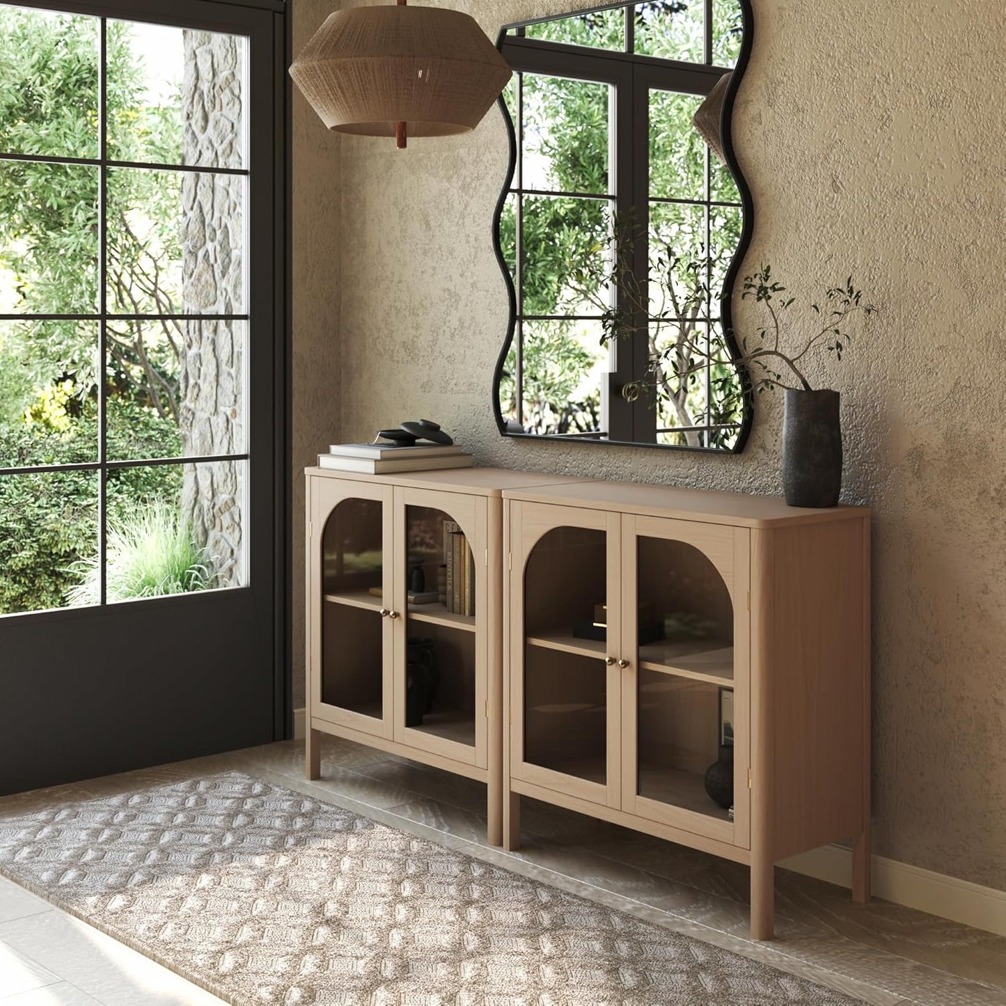 Nathan James Mason Modern Farmhouse TV Stand, Free Standing Accent Sideboard Buffet, Cabinet with Glass Doors and Adjustable Shelf, Clear Glass/Raw Oak Set of 2