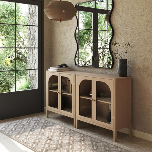 Nathan James Mason Modern Farmhouse TV Stand, Free Standing Accent Sideboard Buffet, Cabinet with Glass Doors and Adjustable Shelf, Clear Glass/Raw Oak Set of 2