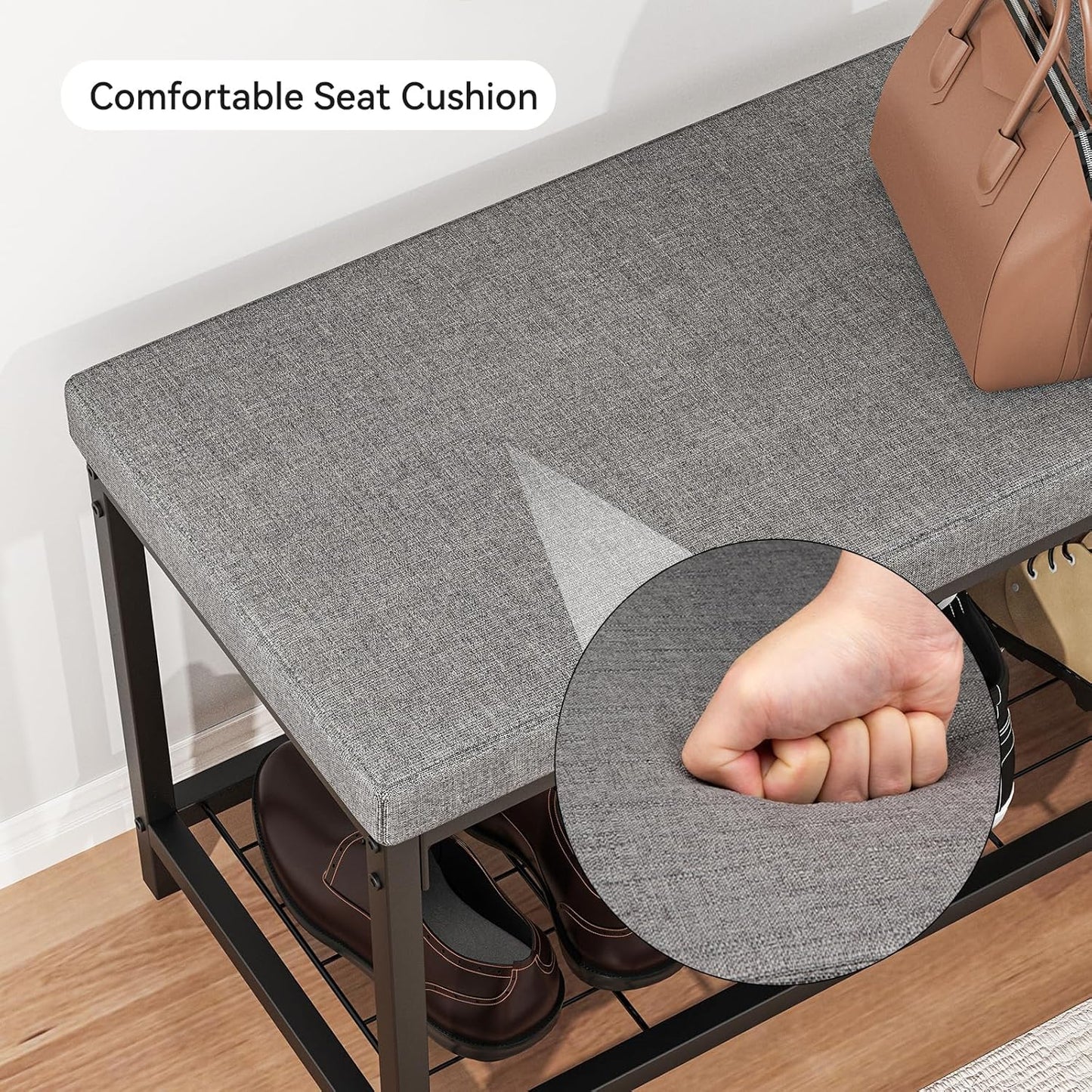 Shoe Bench, Entryway Bench with Cushion Seat, Shoe Rack Bench with Storage, Modern Style, Holds Up to 350 lb, for Living Room, Bedroom, Hallway, Grey
