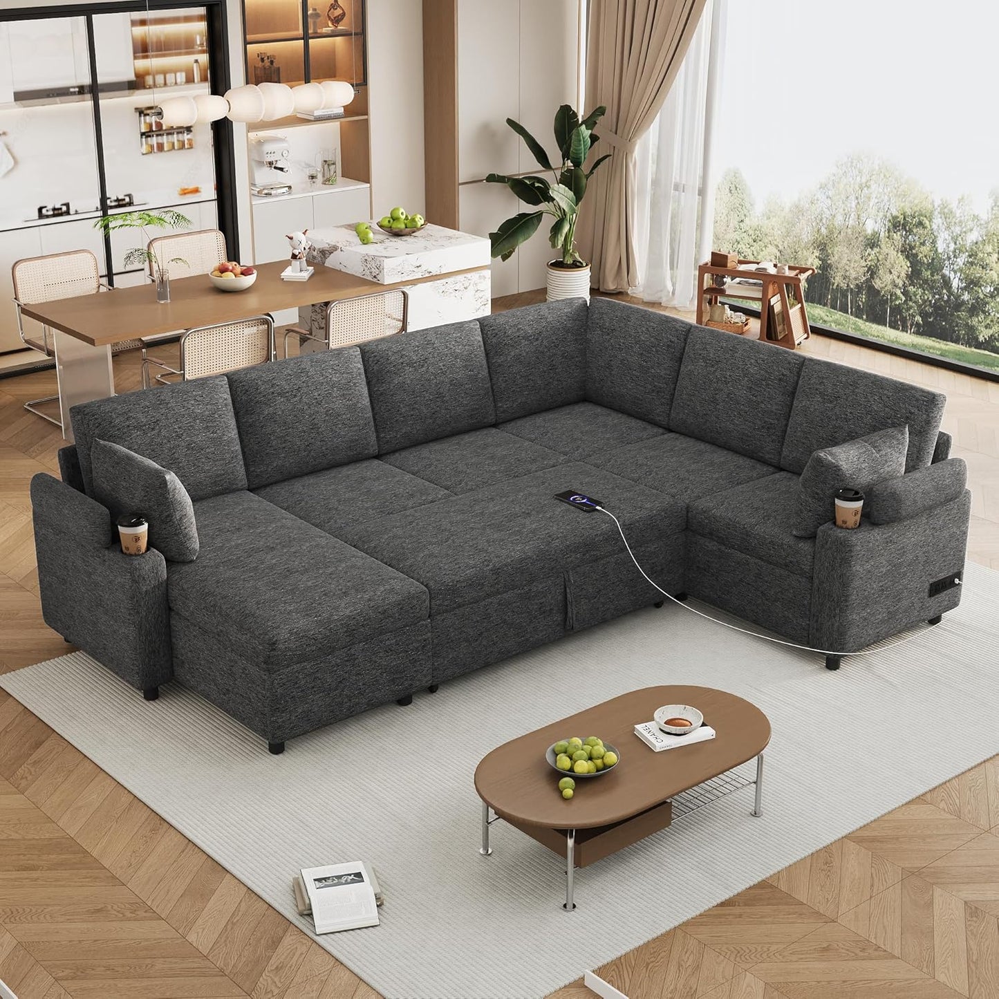 Eafurn Oversized U Shaped Sectional Sleeper Sofabed Pull Out Couch Bed for Living Room 6 Seater Upholstered Convertible Pullout Lounge Sofa Couch w/Storage Chaise, USB Ports for Living Room Apartment