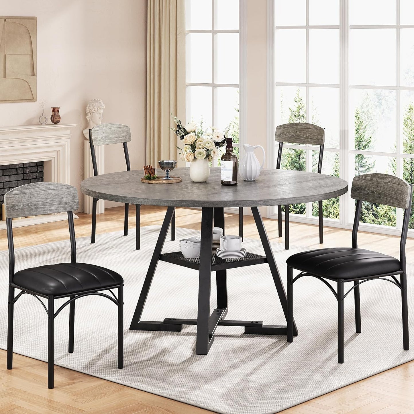 Round Dining Table Set for 4, Kitchen Table and Chairs for 4, Circle Table Round Pedestal Dining Room Dinner Dinette Table Set,5 Piece Space Saving Wood Kitchen & Dining Room Tables (Grey, 42In)