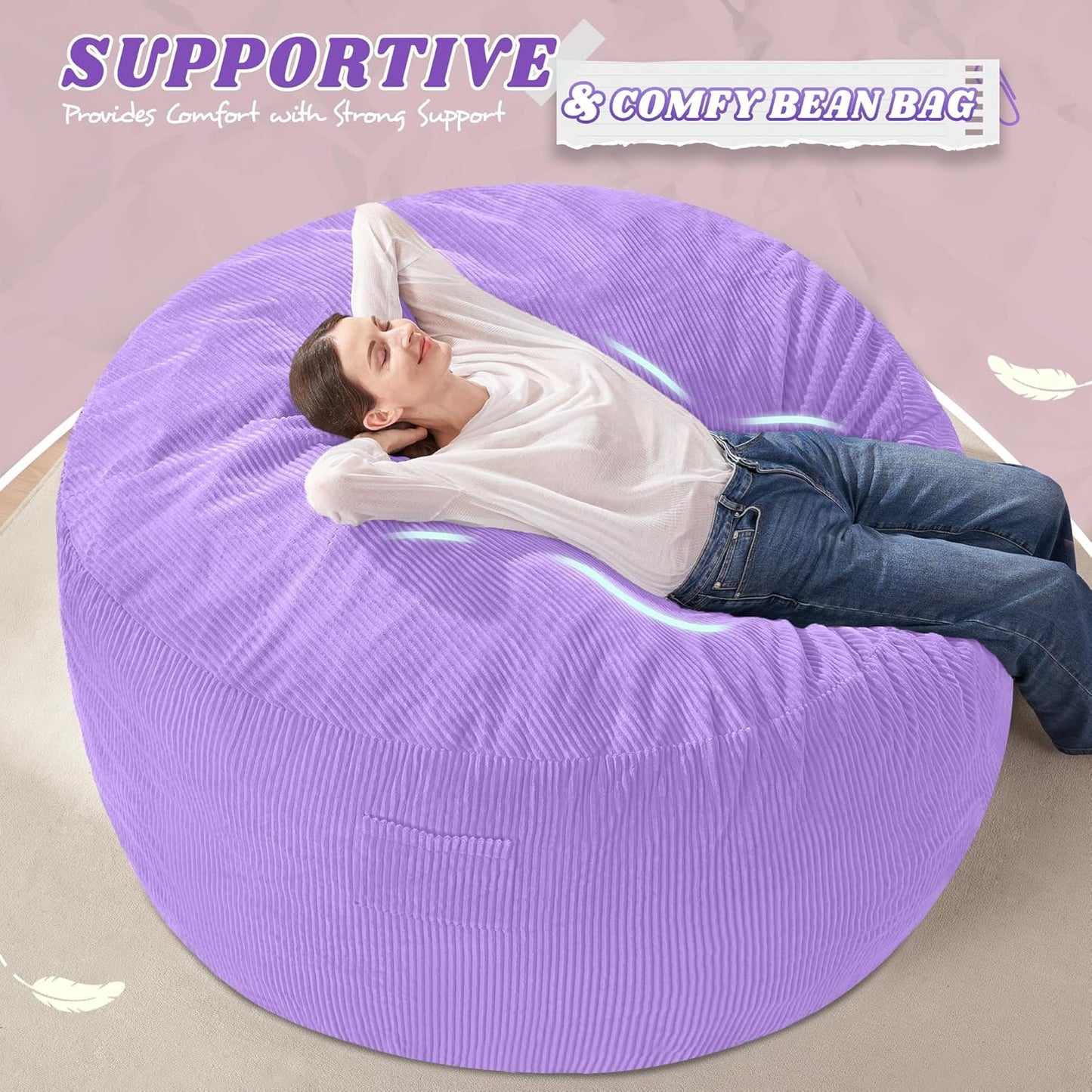 HABUTWAY 5FT Bean Bag Chair,Giant Bean Bag Chairs for Adults,Big Bean Bags with Memory Foam Filled, Large Beanbag Chairs with Soft Corduroy Cover-Purple
