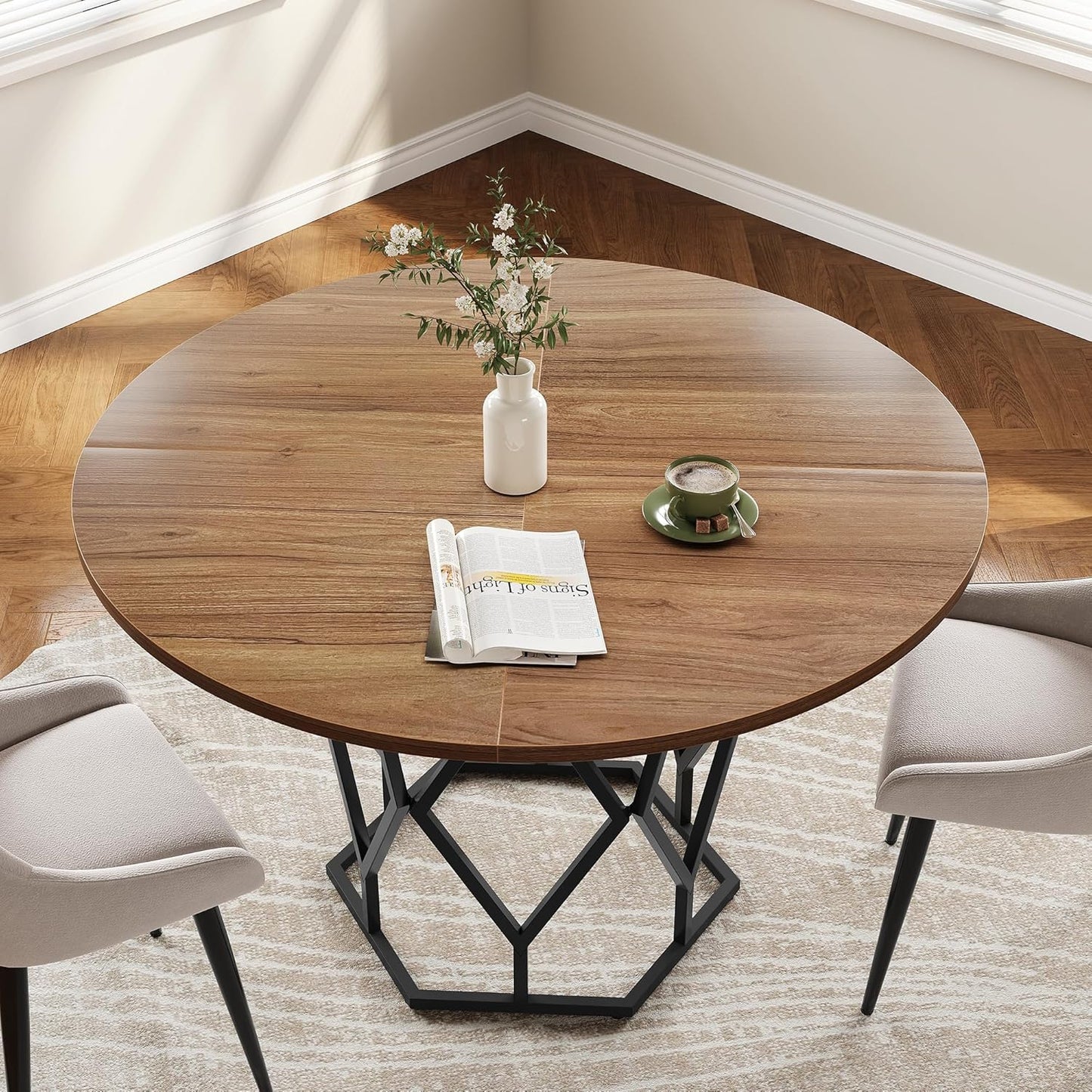 GarveeHome Round Dining Table for 4-6 People, 47 Inch Farmhouse Kitchen Table, Sturdy Metal Base, Industrial Wood Dinning Room Table for Kitchen, Brown