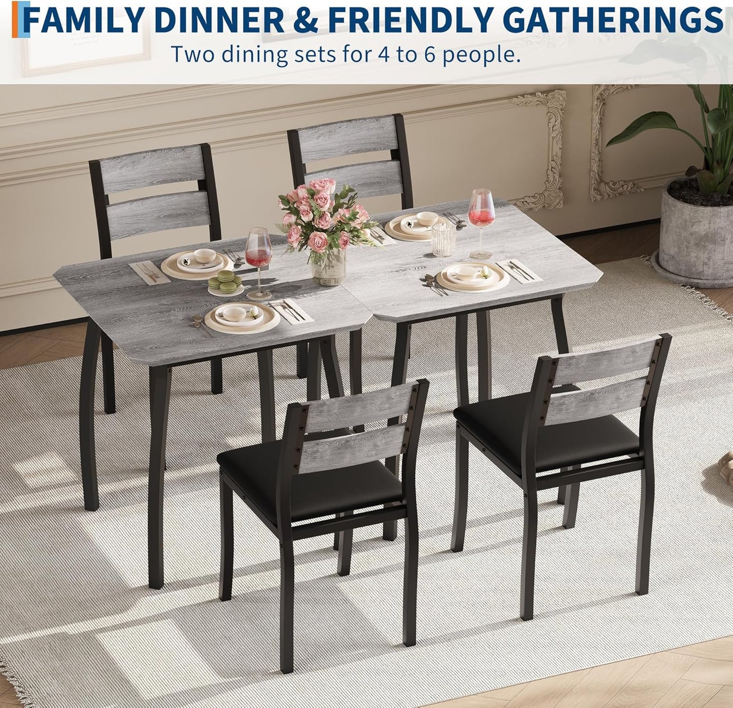 Small Dining Table Set for 2,3-Piece Kitchen Table Set with Thick Wood Grain Tabletop & 2 Upholstered Chairs & Metal Frame, Compact Table Set for Small Spaces, Kitchens & Dining Rooms (Grey)
