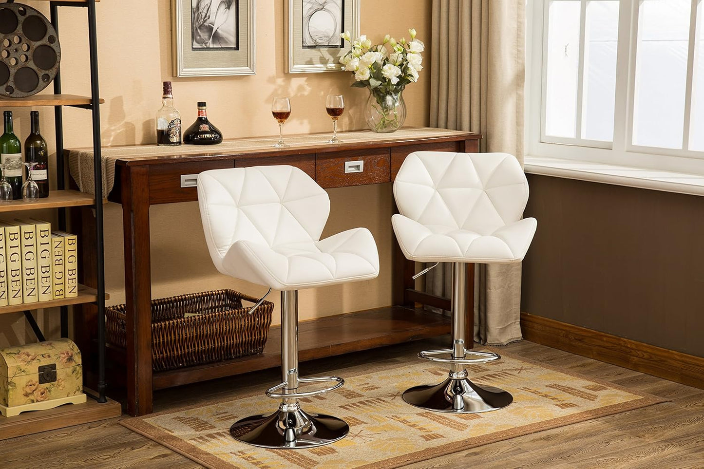 Roundhill Furniture Glasgow Contemporary Tufted Adjustable Height Hydraulic White Bar Stools, Set of 2