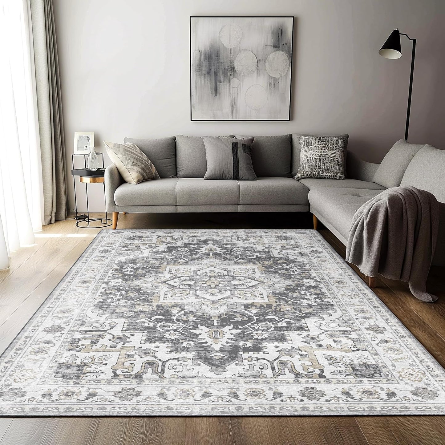 GENIMO Area Rugs 6x9 Machine Washable Rug for Living Room, Non Slip Vintage Indoor Rug, Low Pile Lightweight Chenille Print Carpet for Bedroom Dining Room Home Office