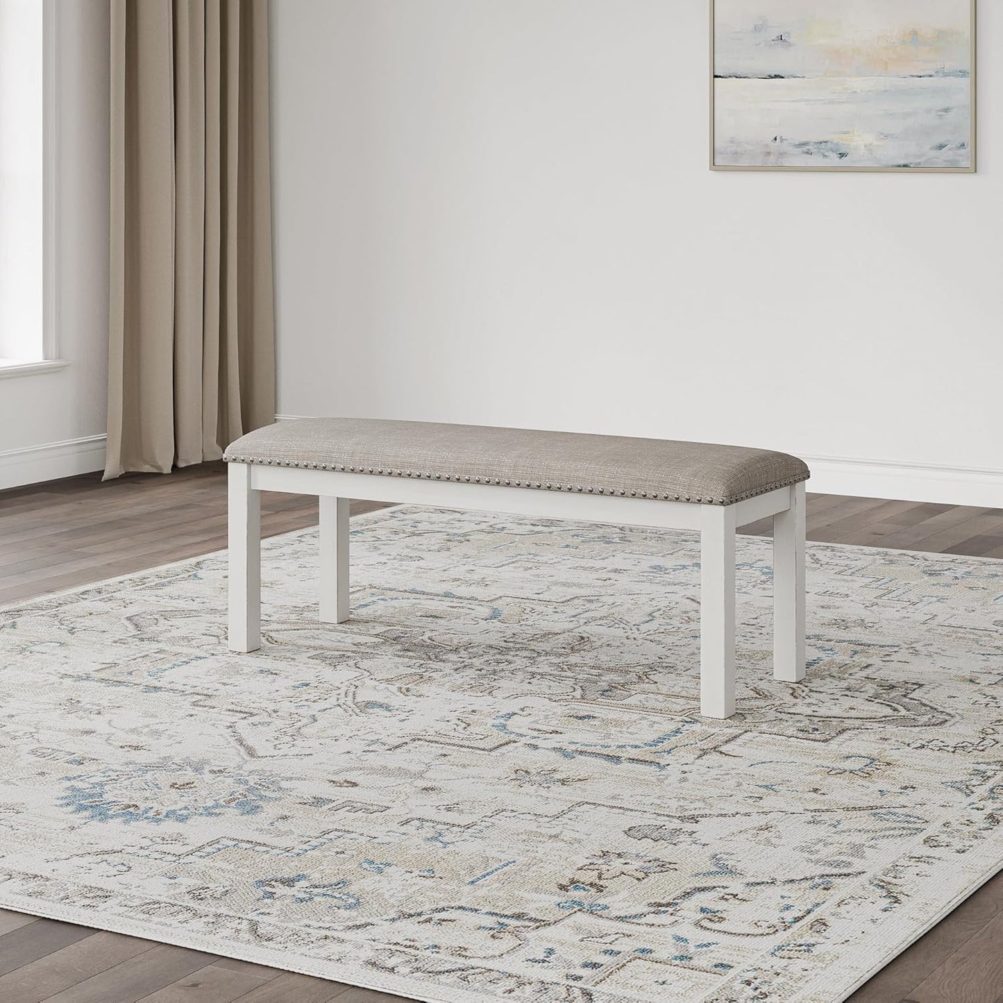 Signature Design by Ashley Robbinsdale Large Upholstered 48" W Dining Bench, Light Gray & White