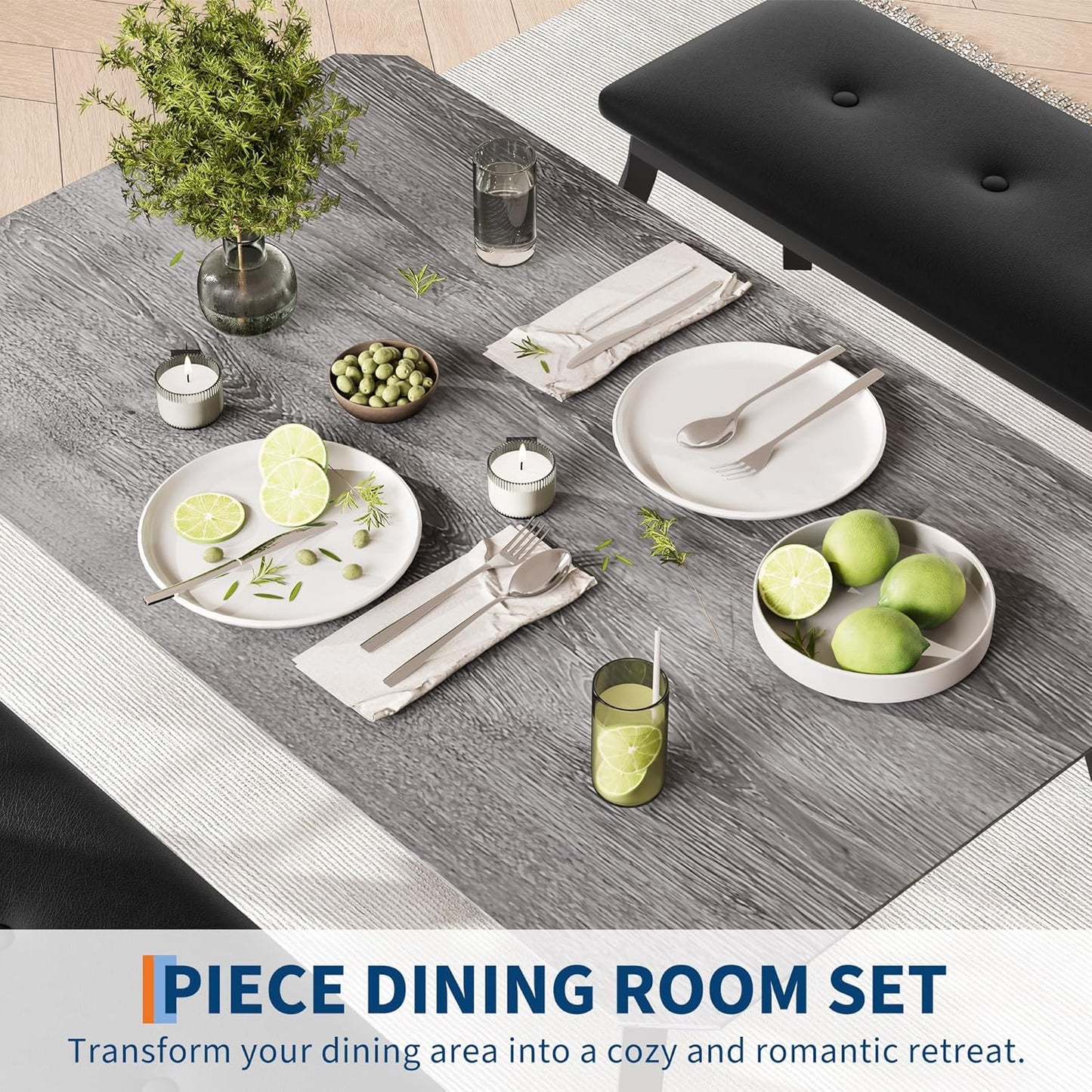 3 Piece Farmhouse Dining Table Set for 4, Compact Rustic Kitchen Table with 2 Padded Benches, Space Saving Breakfast Nook Furniture Set for Small Spaces, Apartments, Grey