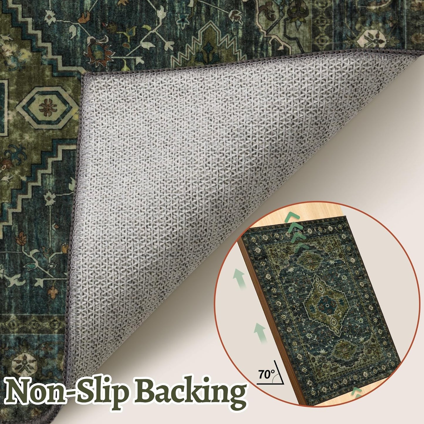 Tangsoo 5x7 Area Rug Washable Rug for Living Room, Vintage Indoor Non Slip Large Area Rugs, Print Distressed Rust Carpet, Soft Low Pile Foldable Floor Rug for Bedroom Dining Room Dorm Olive Green