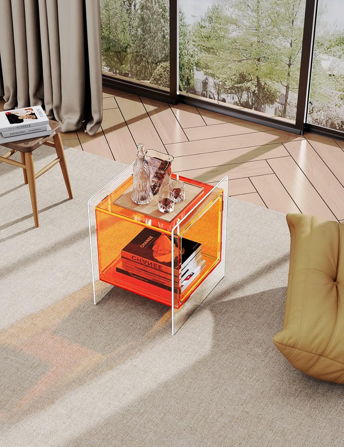 Acrylic Nightstand Colorful Bedside Table with Open Storage Shelf,Clear Side Table for Living Room (1, Orange)