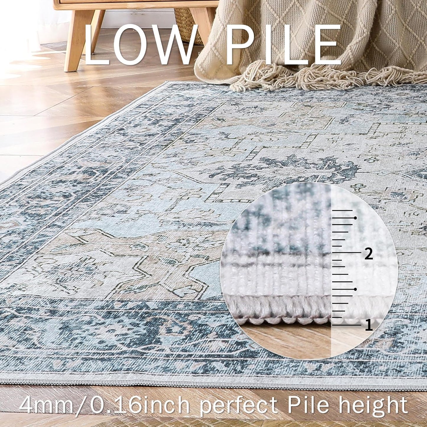 GENIMO 7'6''x9'6'' Area Rugs for Living Room, Machine Washable Non Slip Vintage Rugs, Low Pile Lightweight Chenille Print Rug for Bedroom, Dining Room, Home Office, Blue