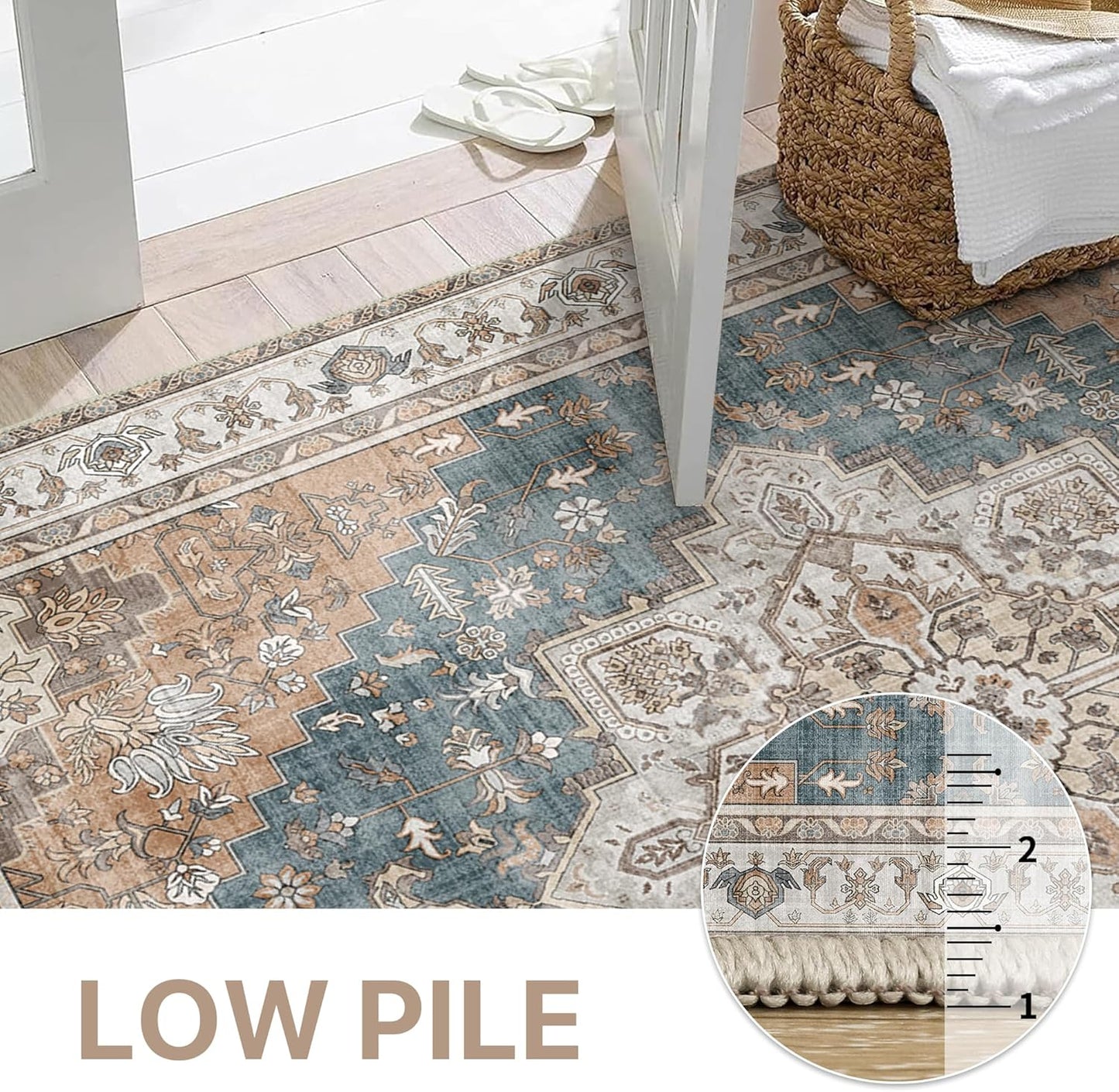 GENIMO 2x12 Runner Rugs for Hallway, Machine Washable Non Slip Vintage Rugs, Low Pile Lightweight Soft Print Rug for enrtyway, Corridor, Home Office, Kitchen, Blue Brown