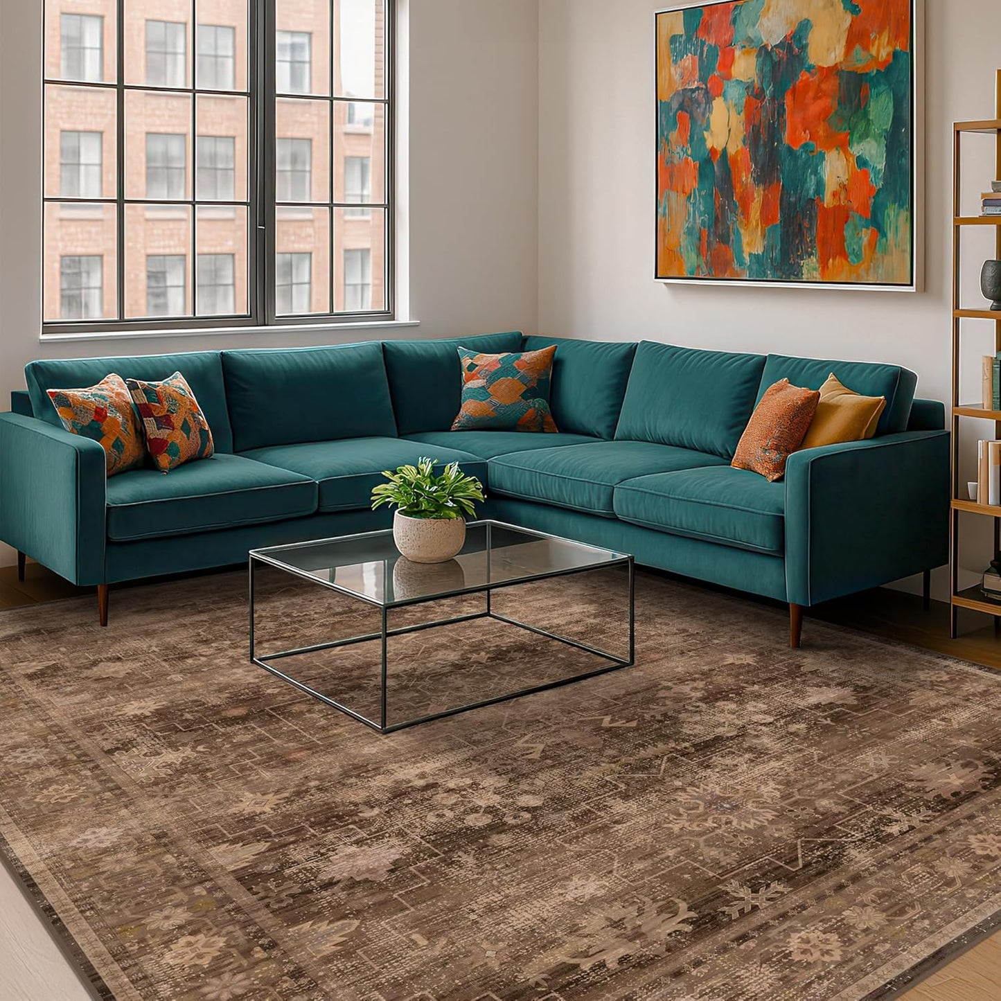 Boho Taupe Brown 5x7 Living Room Rug - Modern Vintage Traditional Oriental Neutral, Washable Low Pile Non-Slip Large Area Rugs for Nursery Dining Under Table