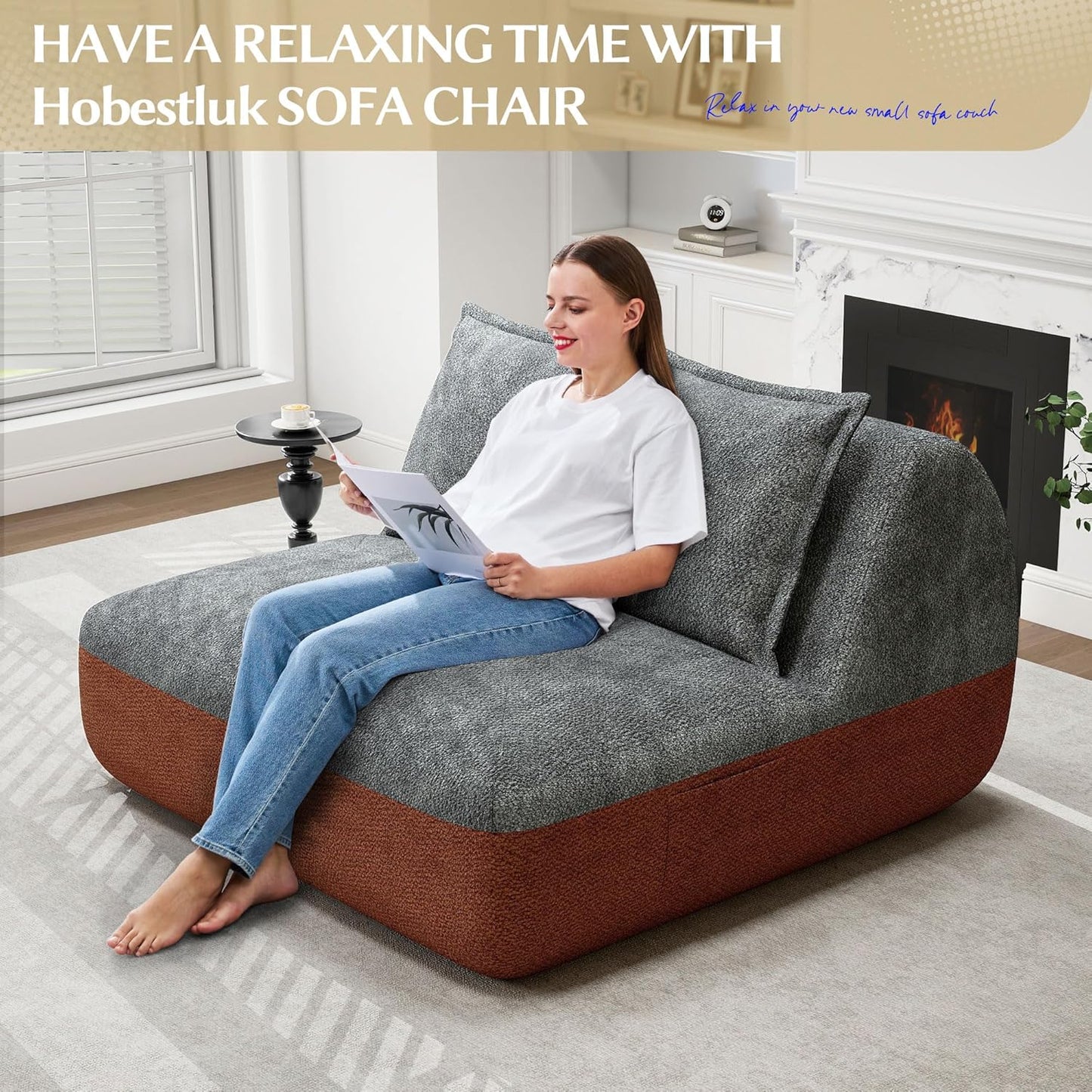 Hobestluk Small Sofa Couch Lounge Sofa Chair for Living Room, Comfy Memory Foam Couch, Mini Sofa with Side Pocket for Living Room, Bedroom (Terracotta+Grey)