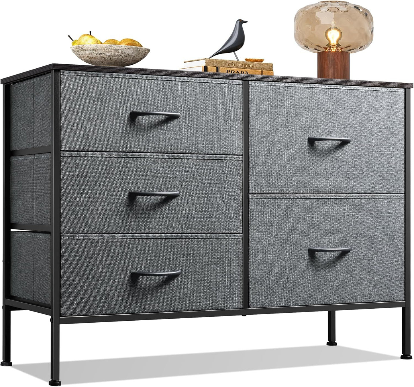 WLIVE Dresser for Bedroom with 5 Drawers, Wide Bedroom Dresser with Drawer Organizers, Chest of Drawers, Fabric Dresser for Living Room, Closet, Hallway, Dark Grey
