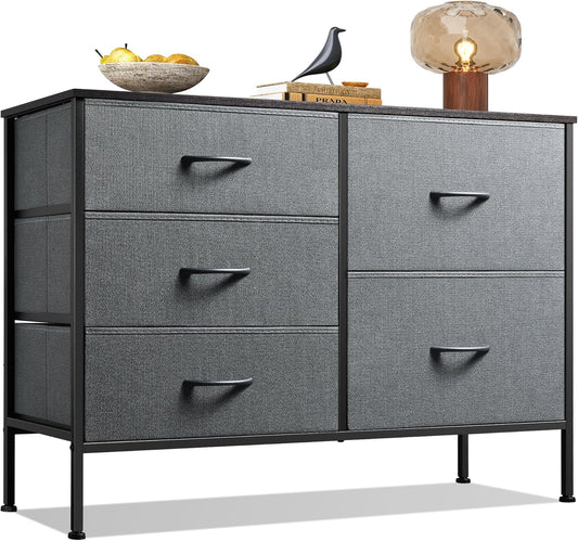 WLIVE Dresser for Bedroom with 5 Drawers, Wide Bedroom Dresser with Drawer Organizers, Chest of Drawers, Fabric Dresser for Living Room, Closet, Hallway, Dark Grey