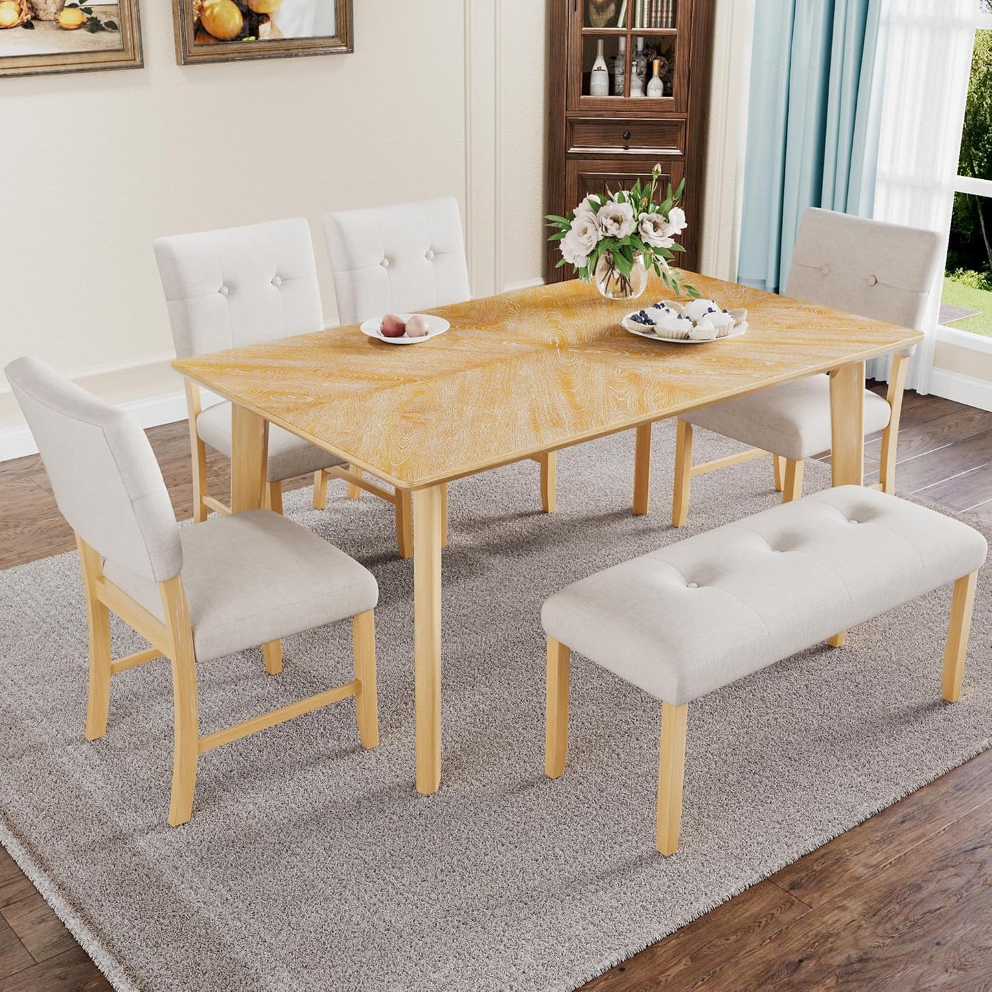 Merax 6 Piece Solid Wood Dining Table Set for 6, Rustic Farmhouse Rectangular with 4 Upholstered Wooden Chairs and 1 Bench, Kitchen Room, Natural Wood Wash