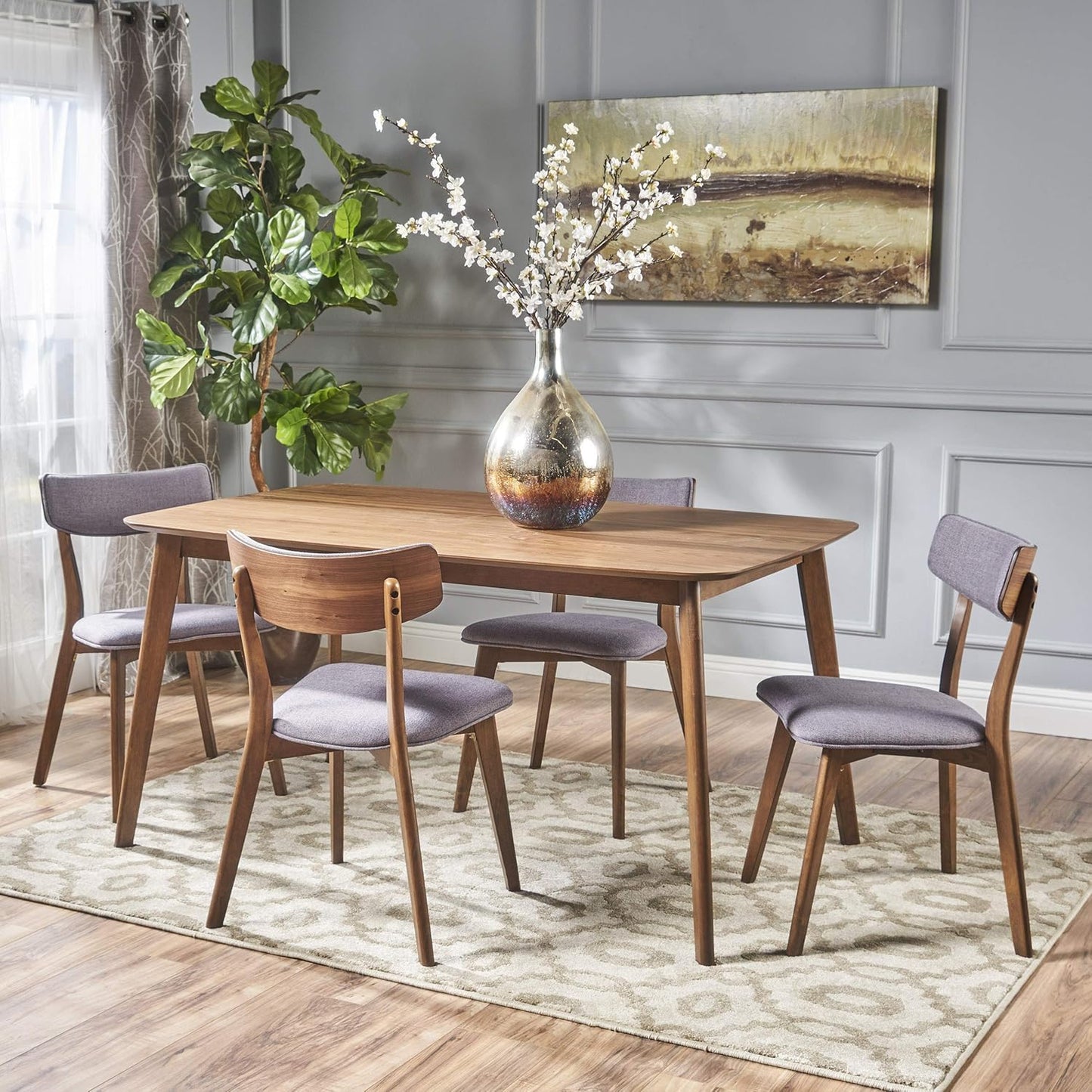 Christopher Knight Home Alma Mid-Century Wood Dining Set with Fabric Chairs, 5-Pcs Set, Natural Walnut / Dark Grey