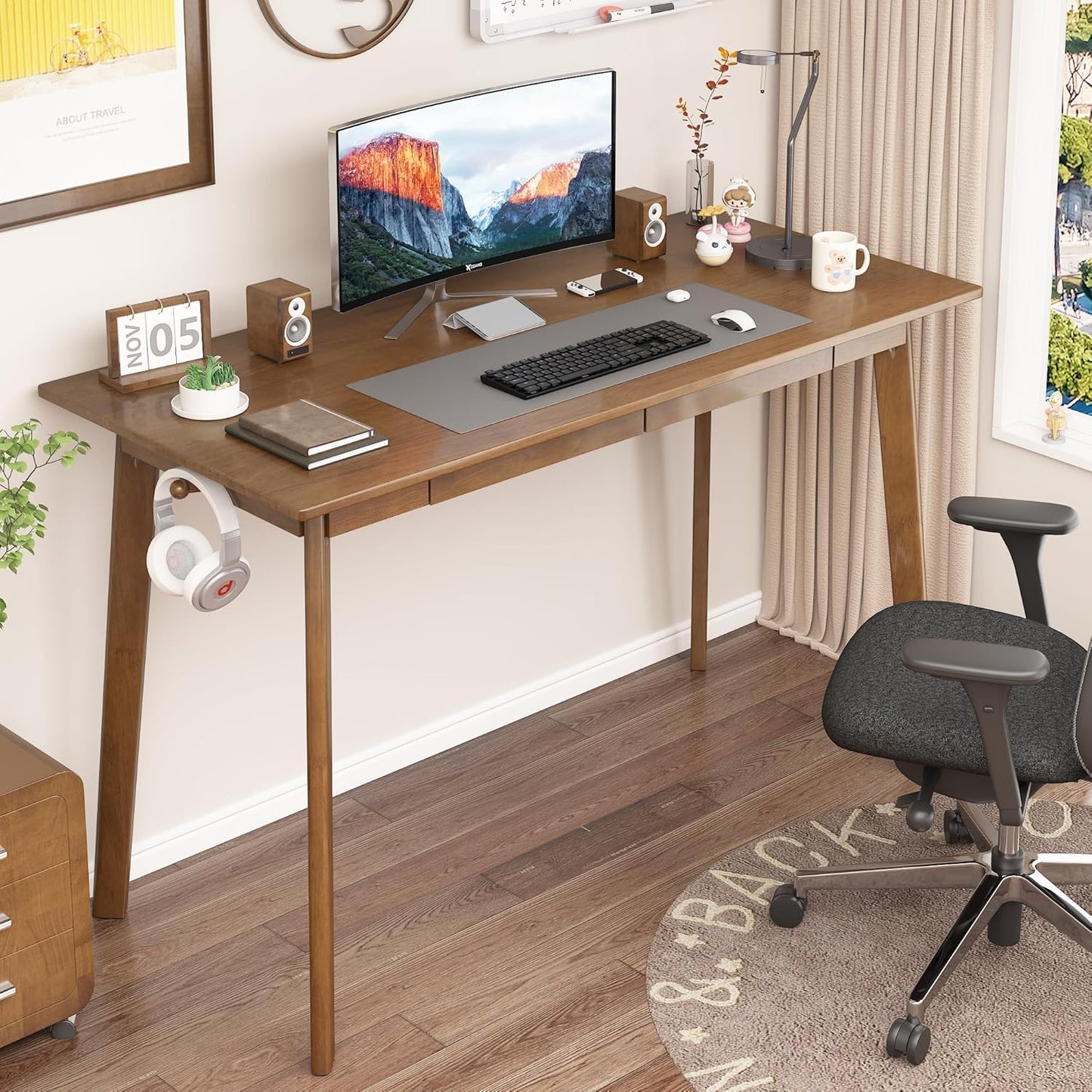 Solid Wood Desk with Drawers - 48 Inch Mid Century Modern Desk, Vintage Desks with 2 Hooks, Simple Writing Study Table, Mid Century Desks for Bedroom, Living Room & Office, Walnut Color