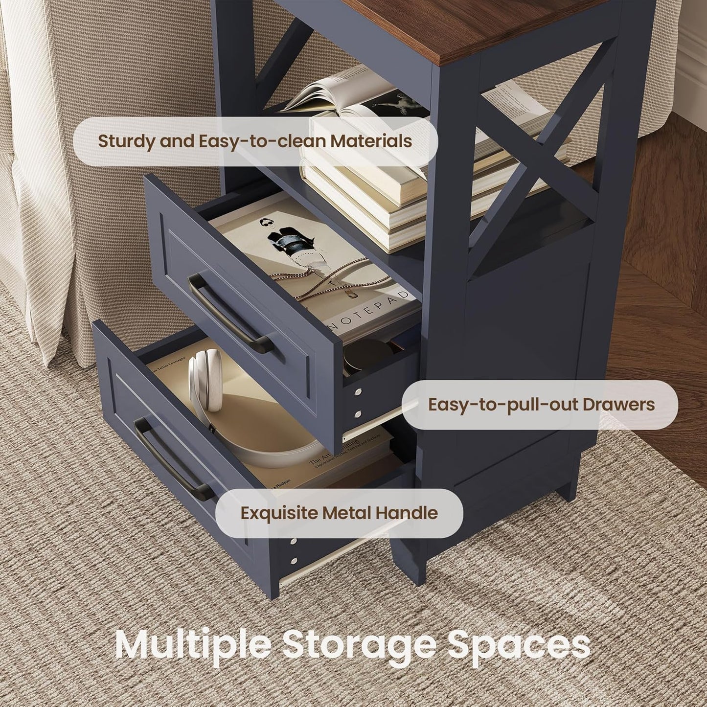 Tall Nightstand Set of 2 Side Table with 2 Drawers Modern Night Stand Wooden Rustic End Table Bedside Table with Upper Open Shelf Solid Feet for Bedroom, Living Room, Navy Blue+Walnut