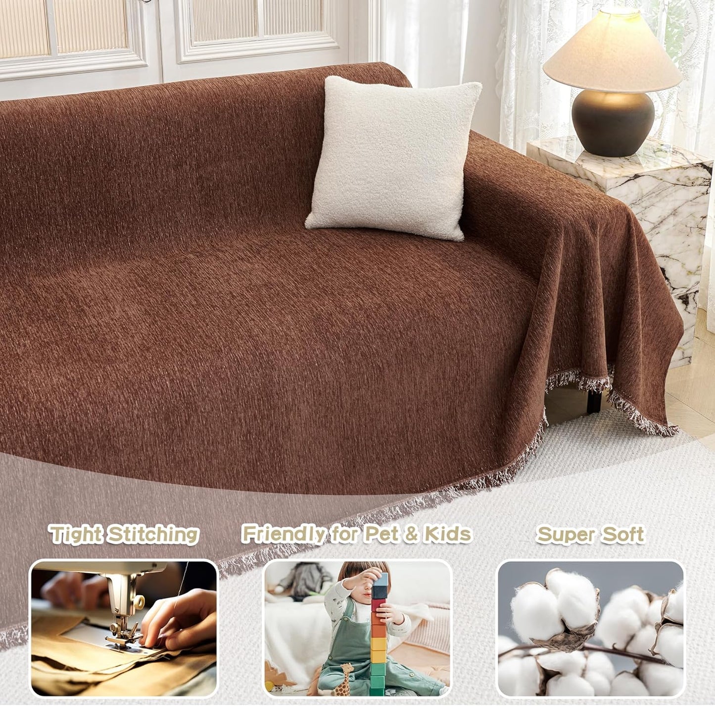 MYSKY HOME Chocolate Couch Cover Non Slip Dog Sectional Sofa Cover for 3 Cushion Couch Sofa Slipcover with Tassels Futon Cover Non Slip Washable Furniture Protector Cover for Pet, Cat, 91"x118"