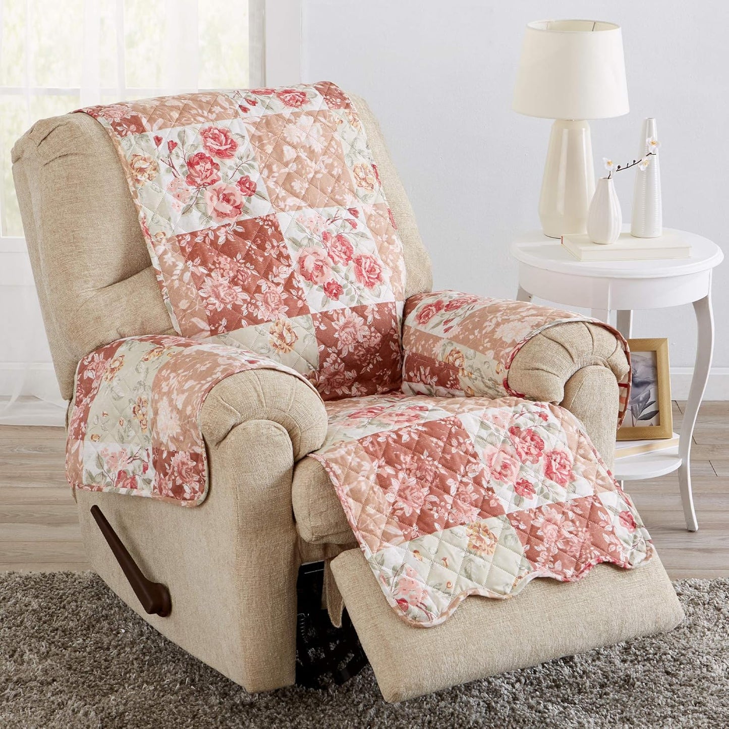 Great Bay Home Reversible Floral Patchwork Furniture Protector Scalloped Edge Stain Resistant Printed Furniture Protector Maribel Collection (Recliner, Burgundy/Taupe)