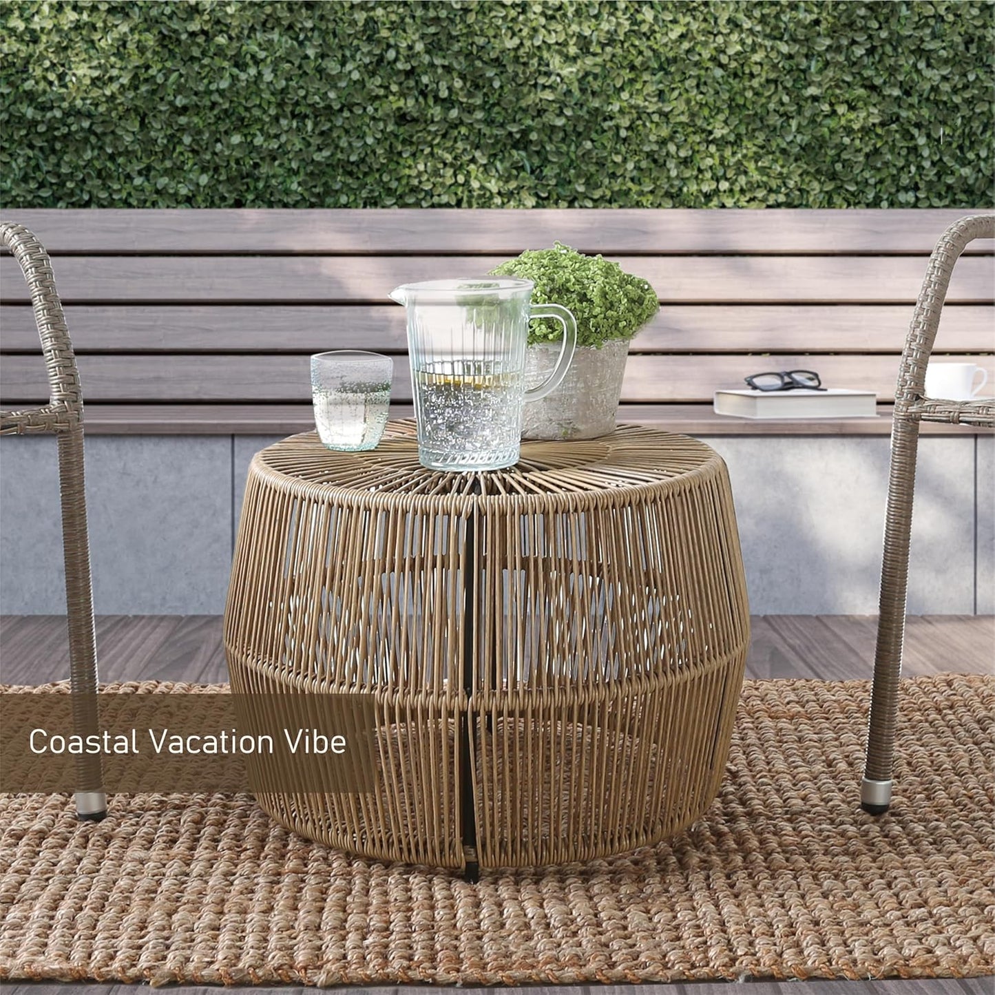 Muse & Lounge Co. Ysar Boho Rattan Round Coffee Table Outdoor with Metal Frame, All-Weather and Rust Resistant, Handcrafted Coastal Furniture for Patio, Poolside, Garden, Yard, Natural Brown