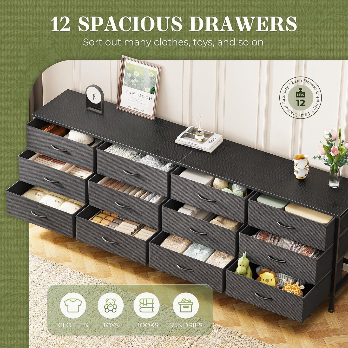 Huuger 70 Inch Black Dresser for Bedroom, TV Stand for 65, 75, 80 Inch TV, 12 Fabric Drawer Long Dresser, Wide Chest of Drawer, Storage Units for Living Room