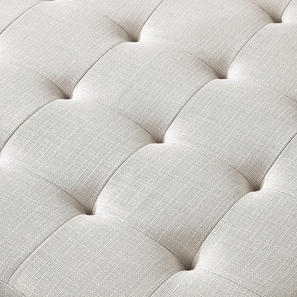 24KF Large Square Upholstered Tufted Linen Ottoman Coffee Table, Large Footrest Ottoman with Solid Wood Shelf-Ivory